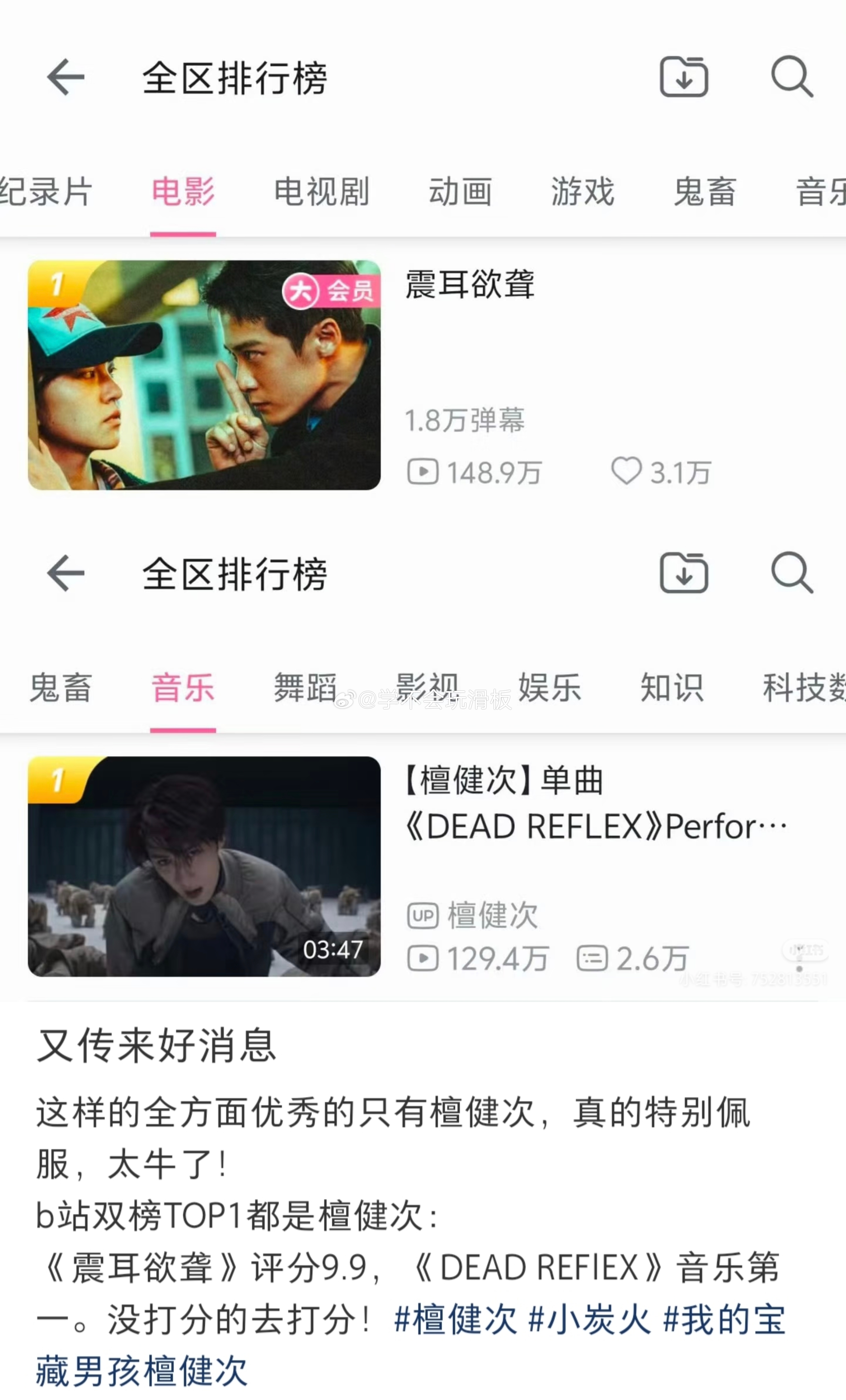 檀健次b站双榜第一全部拿下《震耳欲聋》第一新歌单曲轻松破百万播放量，稳稳拿下音乐