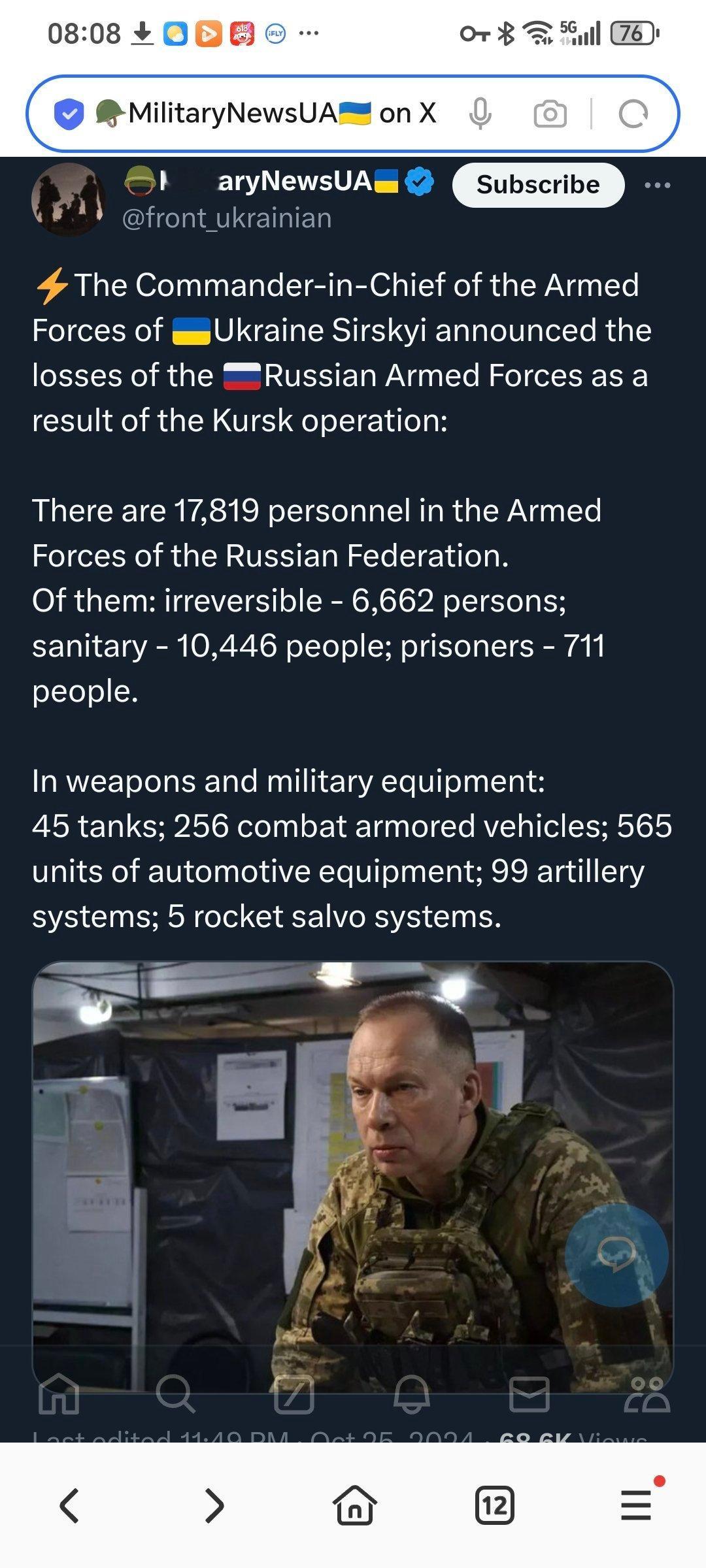 昨天，乌克兰武装部队总司令 Sirskyi（西尔斯基）公布了俄罗斯武装部队在库尔