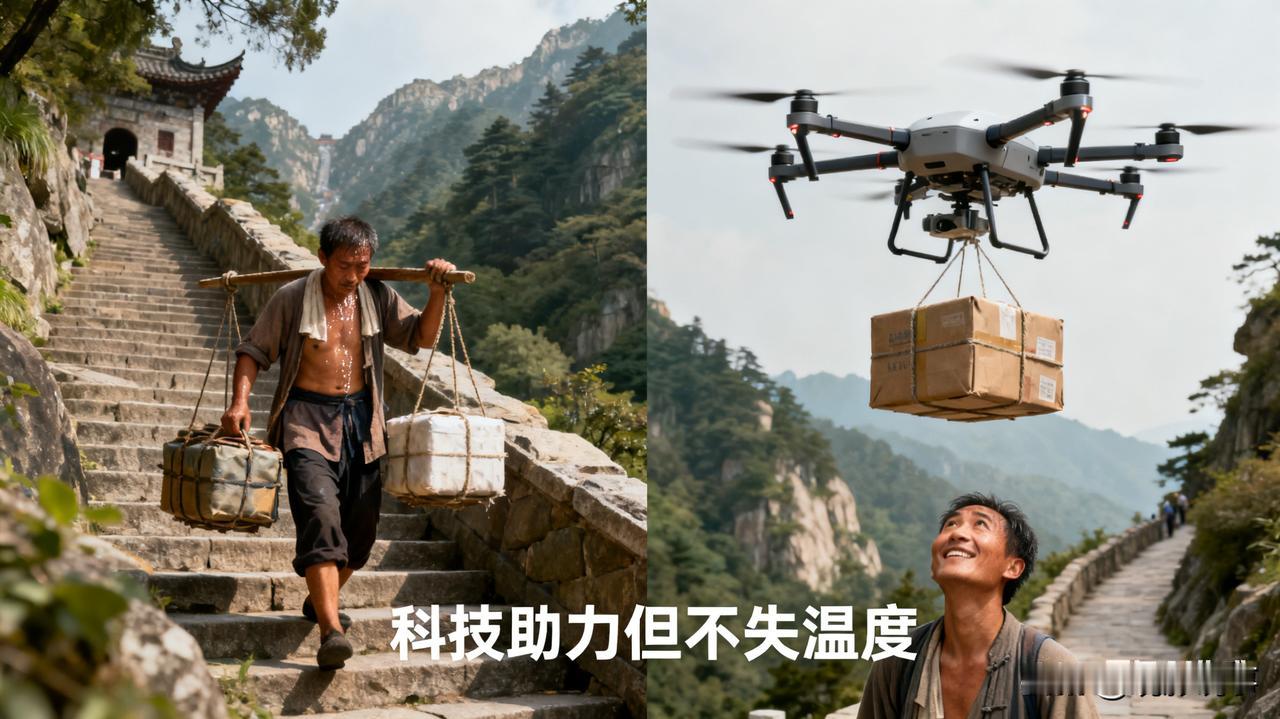 近日，河南老君山景区坚定地拒绝了用无人机替代挑山工的做法，这一举措得到了多位挑山