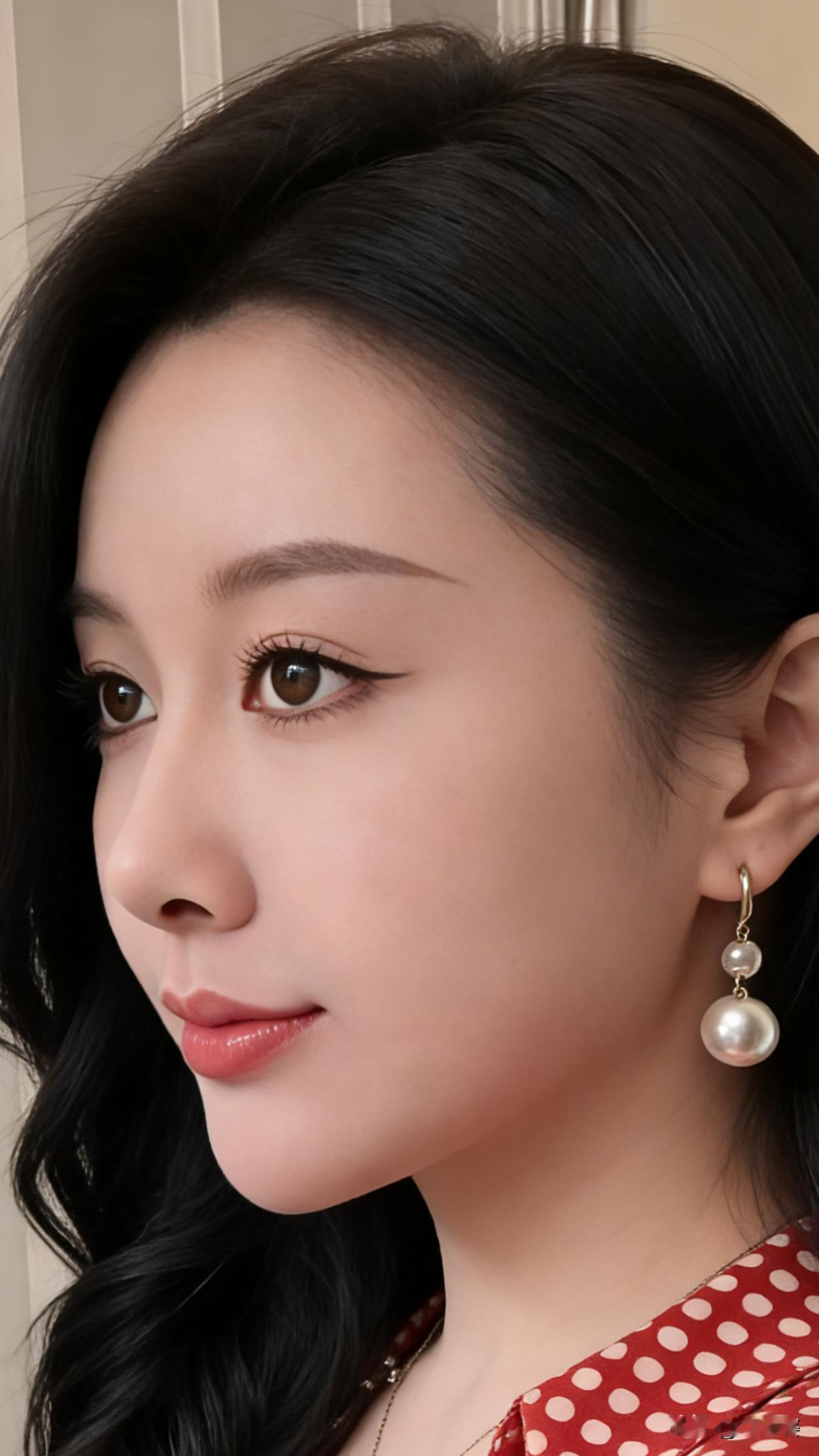 优雅气质，珍珠耳环点缀，红白波点裙装，尽显女性魅力。