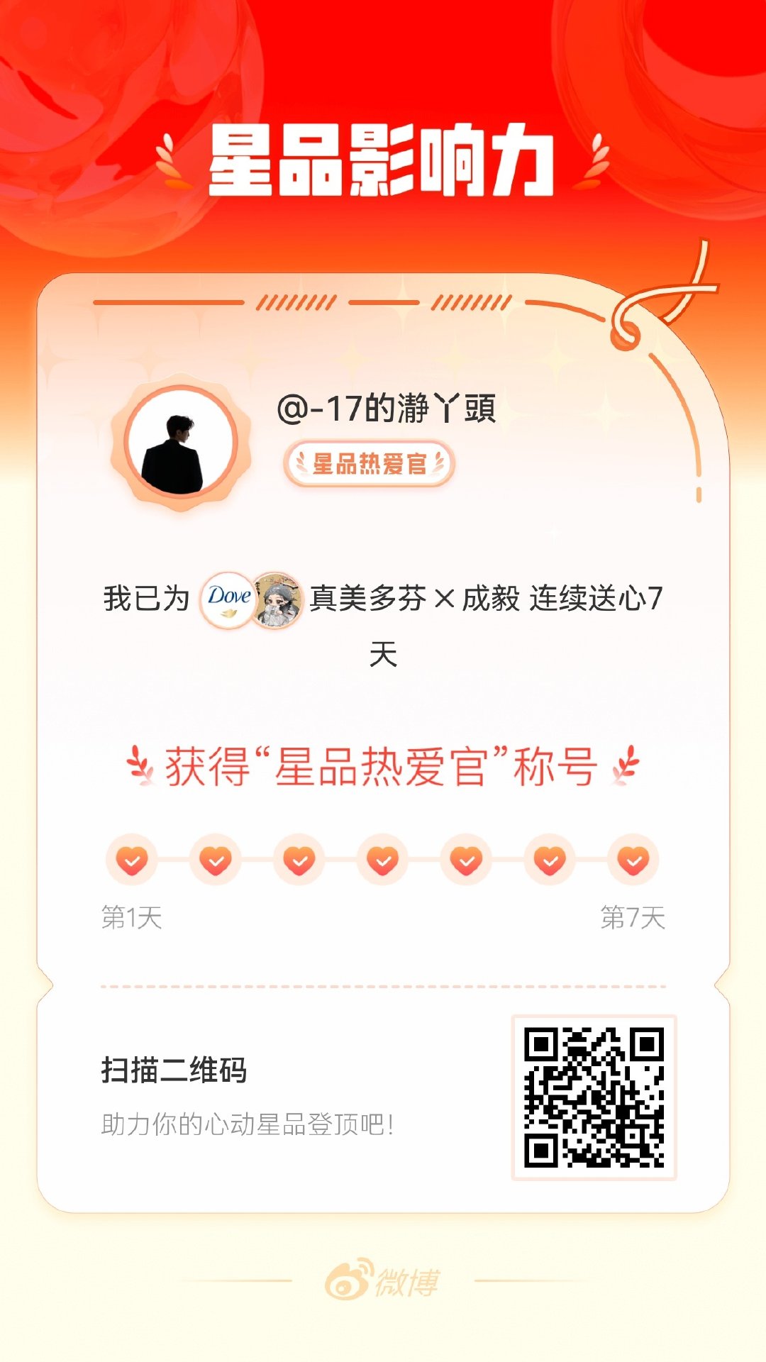 成毅联合利华美护发代言人我在星品影响力上为 X 连续送心7天，获得“星品热爱官”