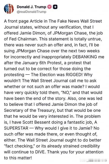 川普宣布，他将起诉摩根大通银行，指控其在1月6日抗议活动后取消了他的银行账户。