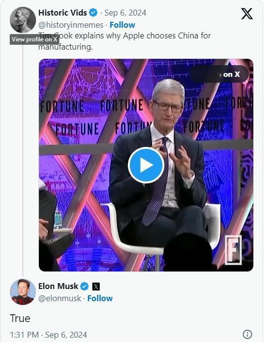 库克解释苹果为何在中国生产iPhone，马斯克对此做出回应。

总部位于库比蒂诺
