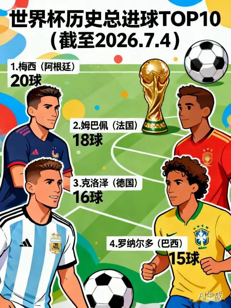 世界杯历史总进球TOP10（截至2026.7.5）：1. 梅西（阿根廷）20球（