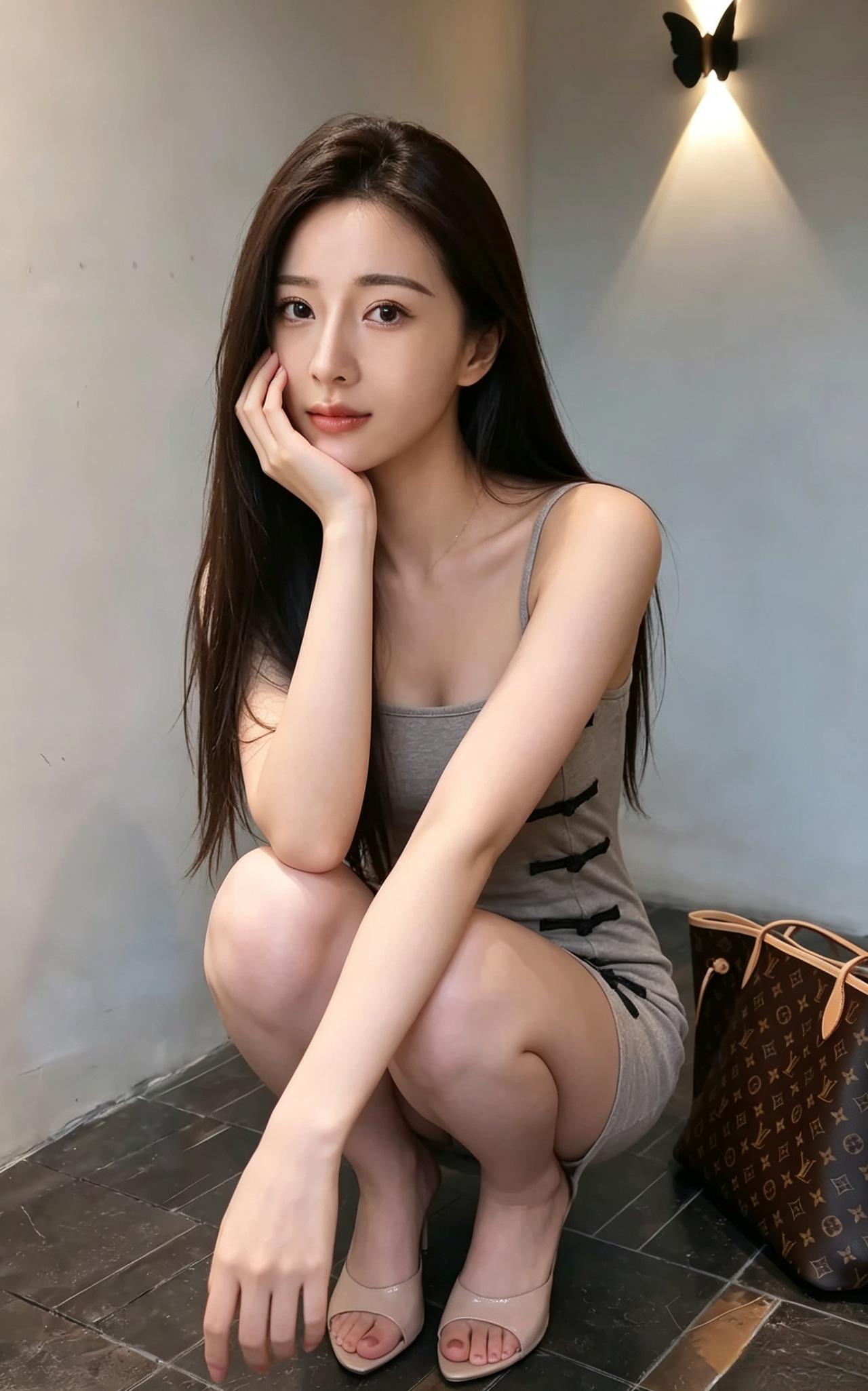 灰色吊带裹着温柔的轮廓
黑色盘扣串起东方的婉约
长直发垂落
漫过肩头的月色
 ～