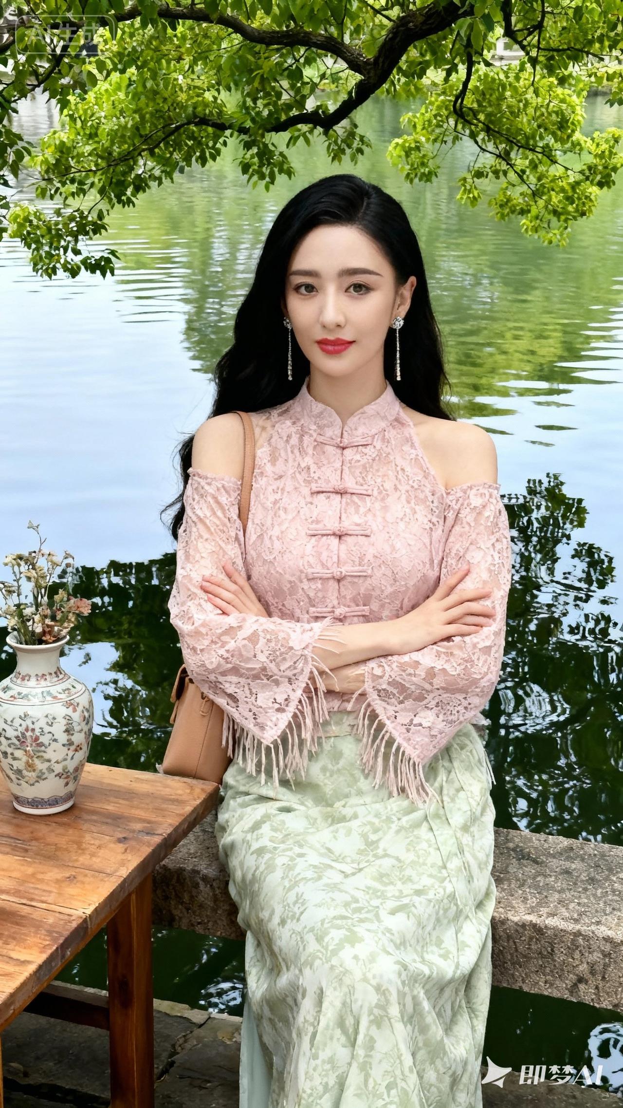 优雅的湖畔时光，粉色蕾丝与绿色长裙的完美搭配，静谧而美好。