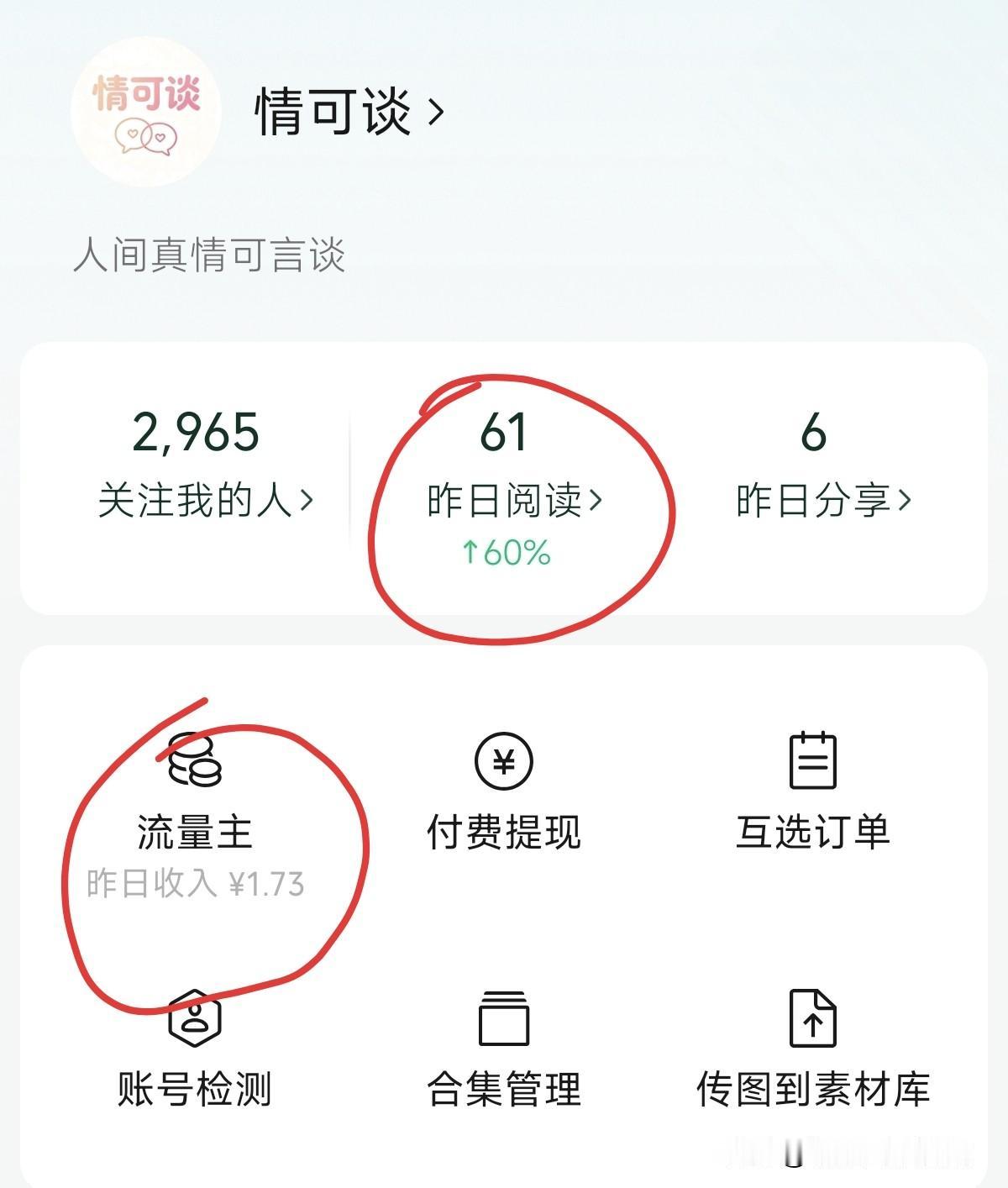 我的这个号，昨天的阅读量，61，收入2元钱。

61的阅读量，还算不错了，主要来