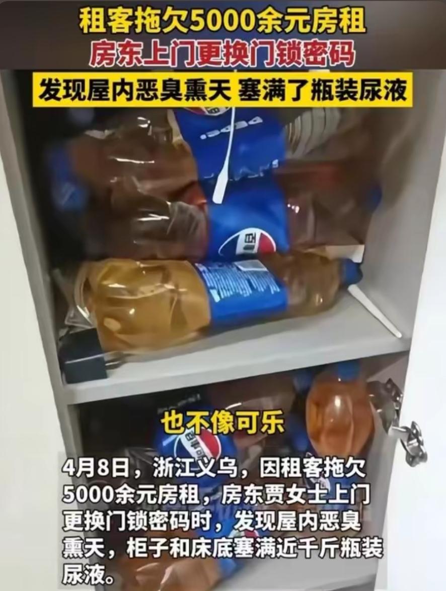 租客囤几千斤尿液还欠租，房东直呼几十年头一回见
 
义乌，40多岁的男子，在租的