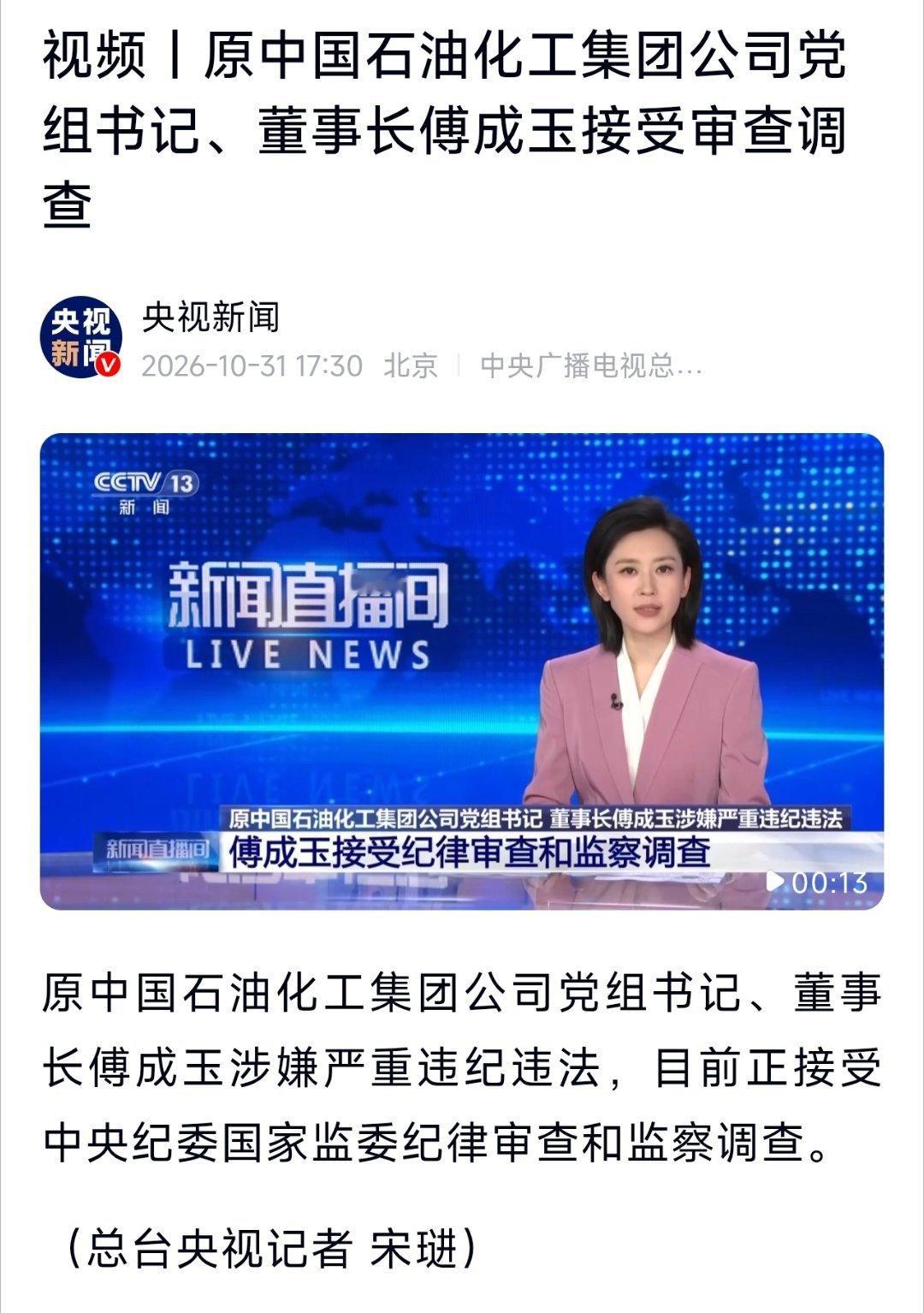 原中国石油化工集团公司党组书记、董事长傅成玉被查 ​​​