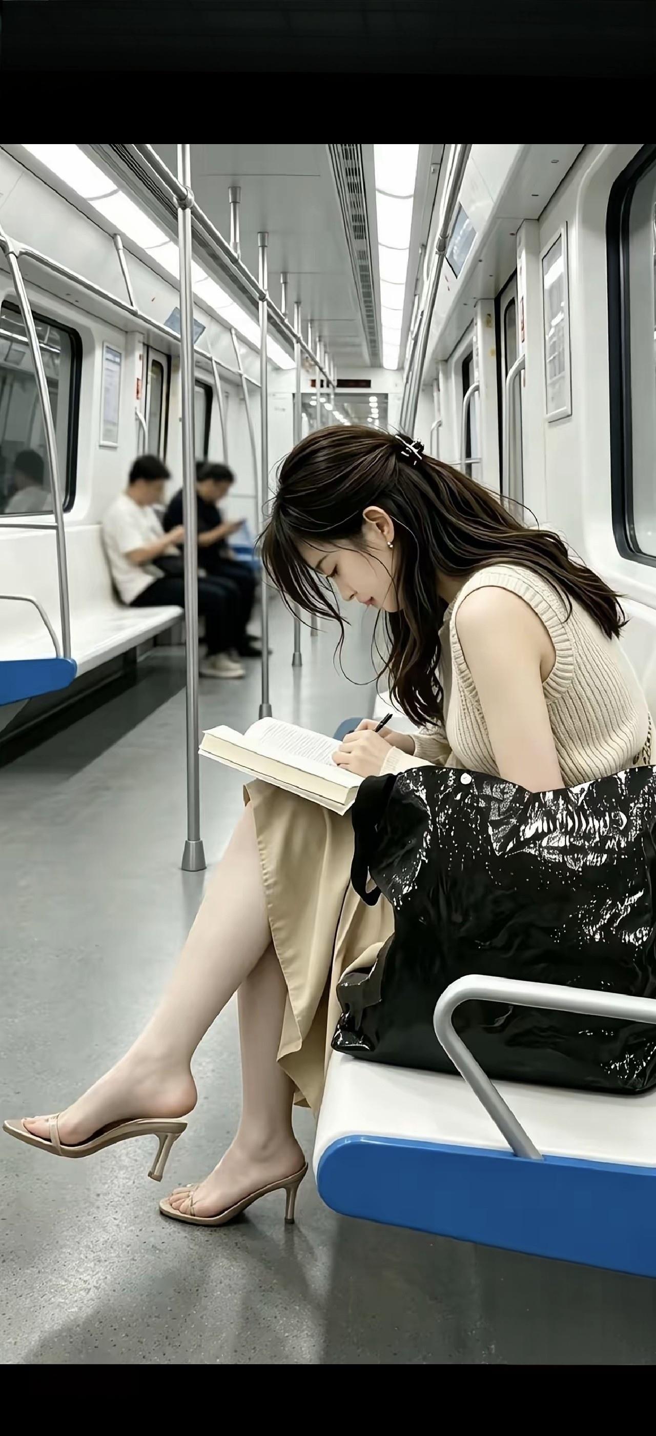 地铁上，女生在认真看书。