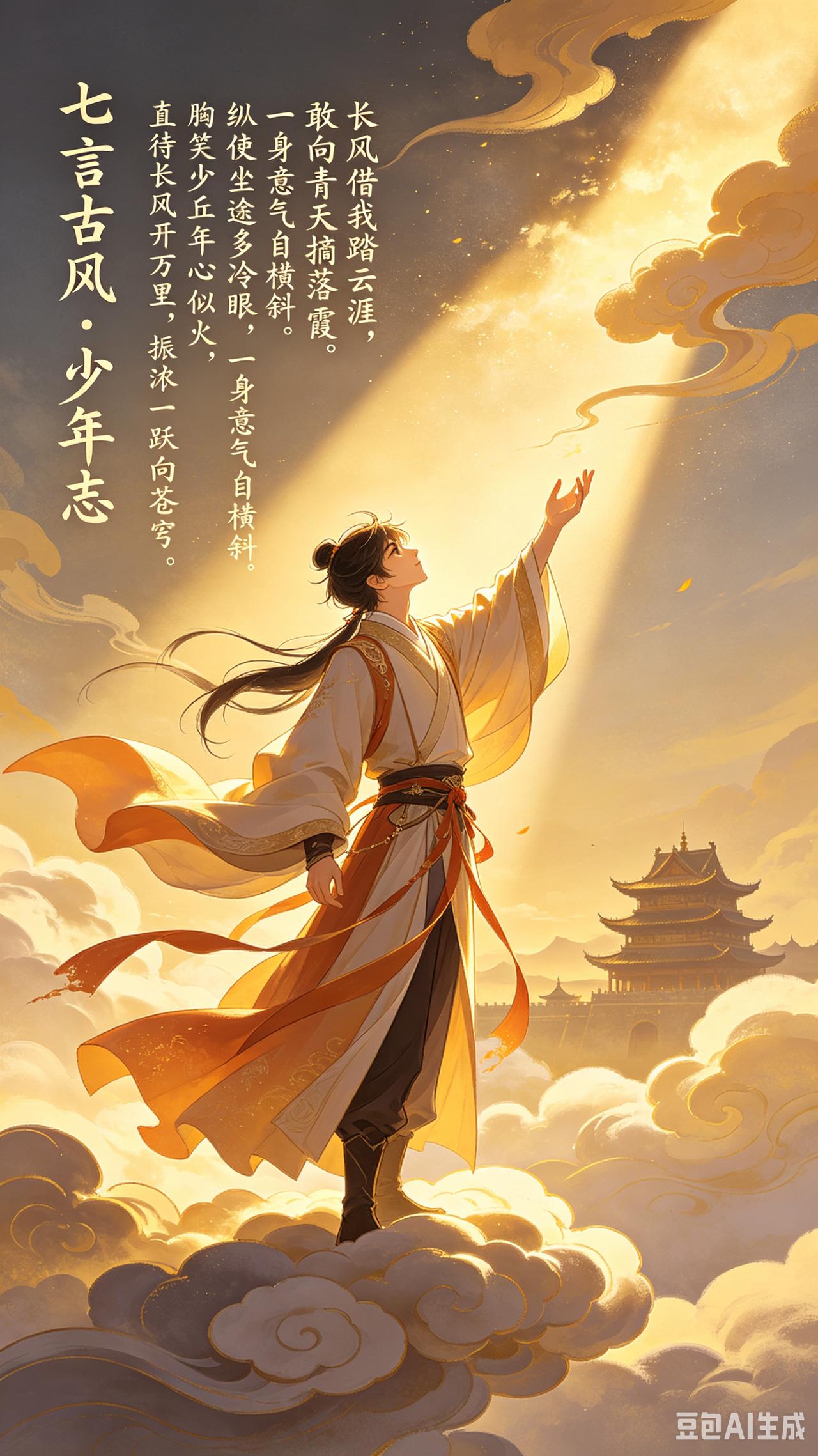 七言古风·少年志
 
长风借我踏云涯，敢向青天摘落霞。
纵使尘途多冷眼，一身意气
