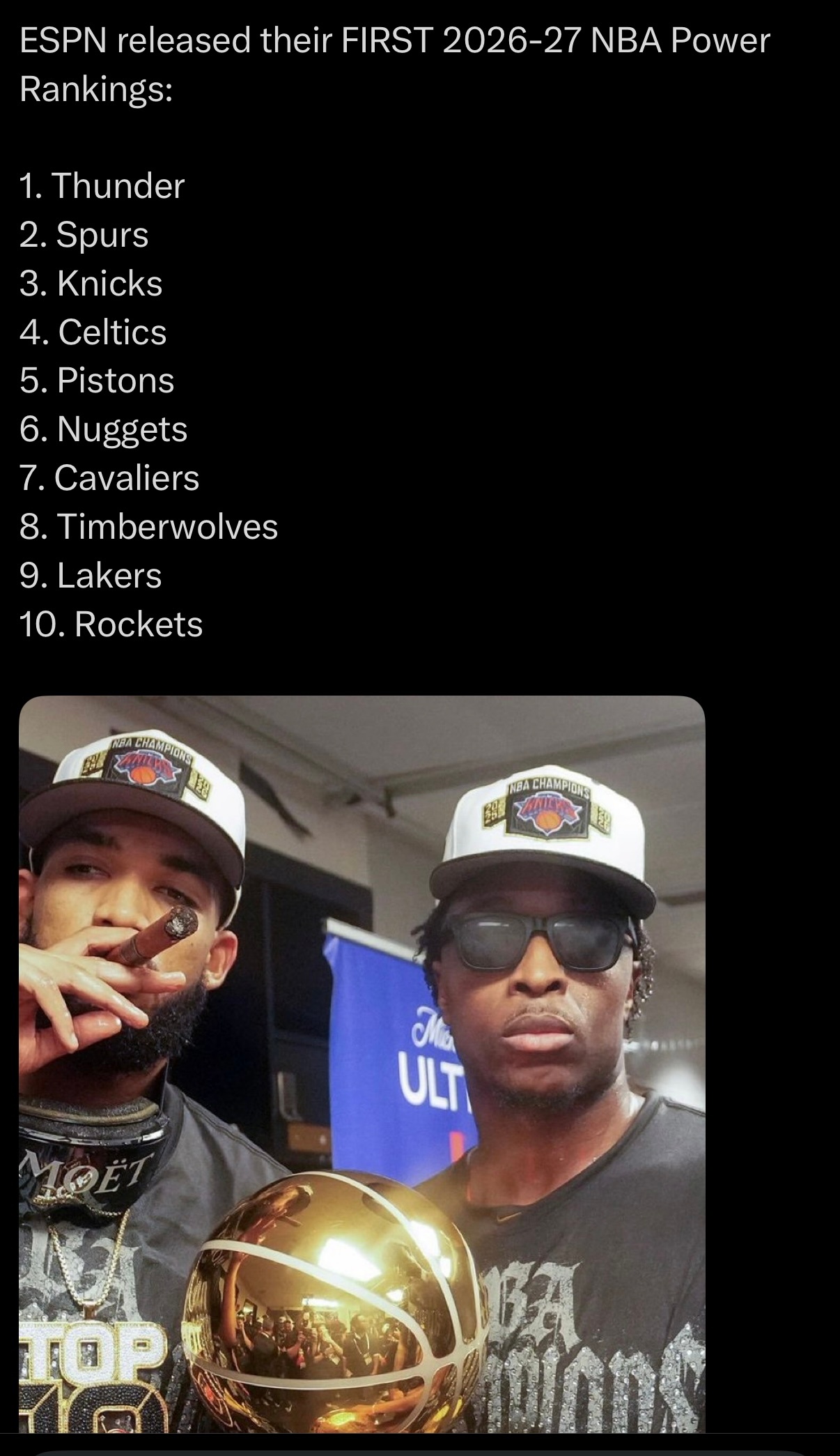 总决赛刚结束，ESPN就开始预测下赛季球队实力榜，雷霆第一马刺第二尼克斯第三，湖