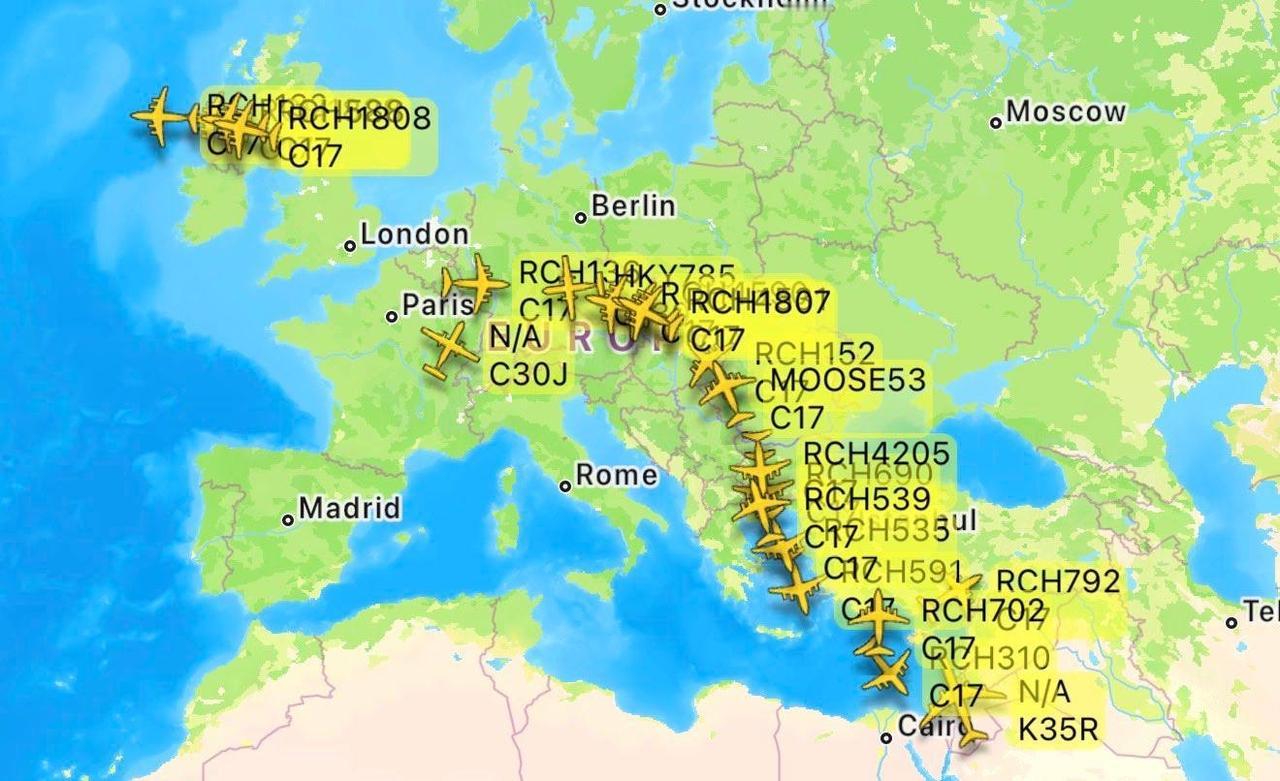 近期，多架美军C‑17运输机、KC‑135加油机及多型后勤飞机，在大西洋至欧洲、
