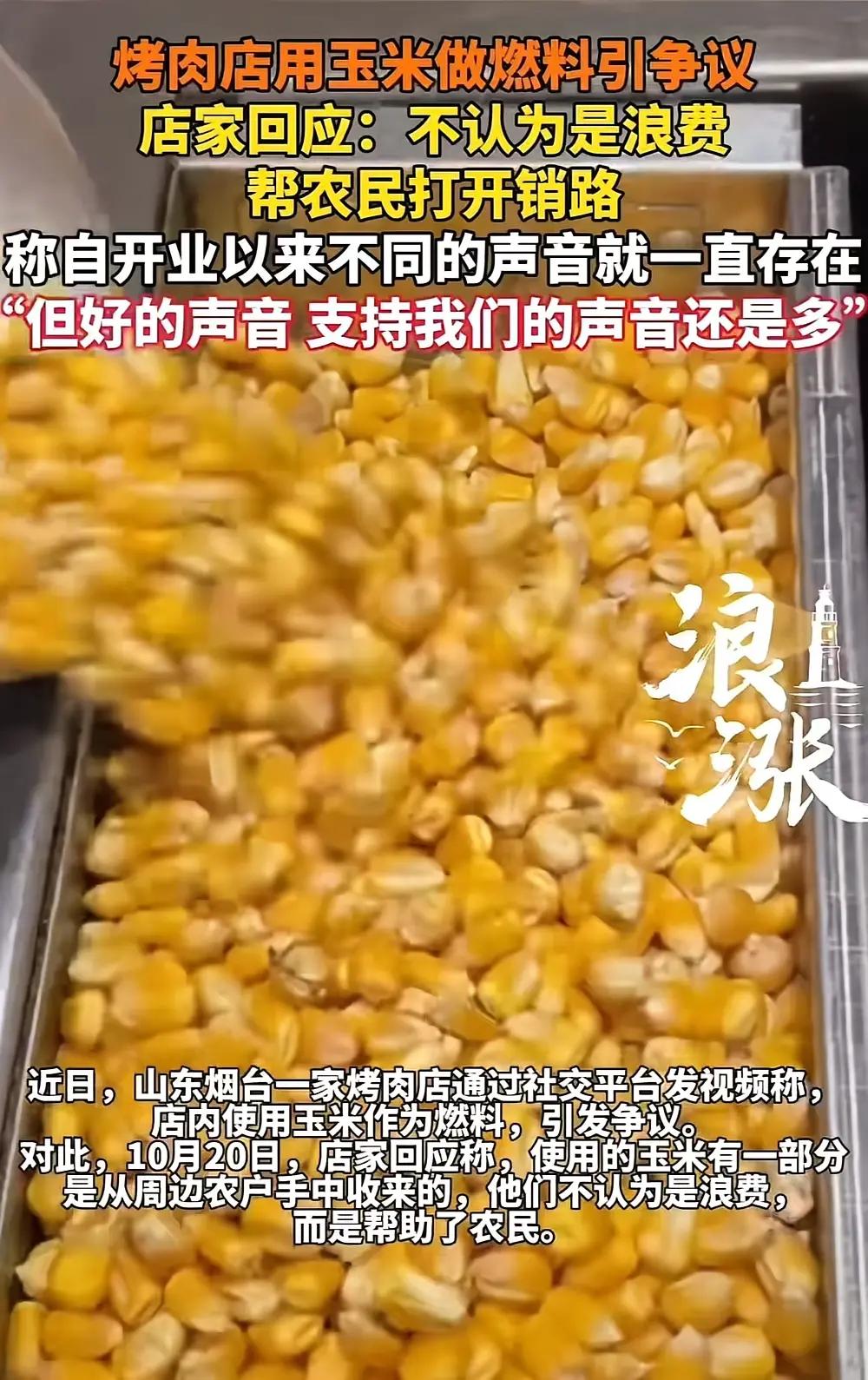 山东烟台icon，一烤肉店用玉米做燃料被批浪费粮食！店家不服，回应：“我不认为是