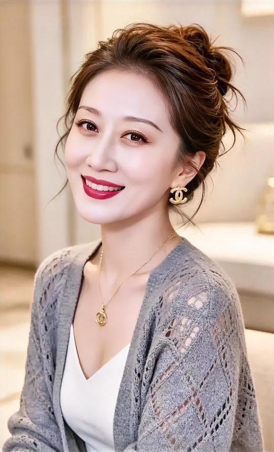 灰针织兜着暖光，

发梢随意挽成云。

金坠轻碰锁骨，

笑意漫过唇边。

耳畔
