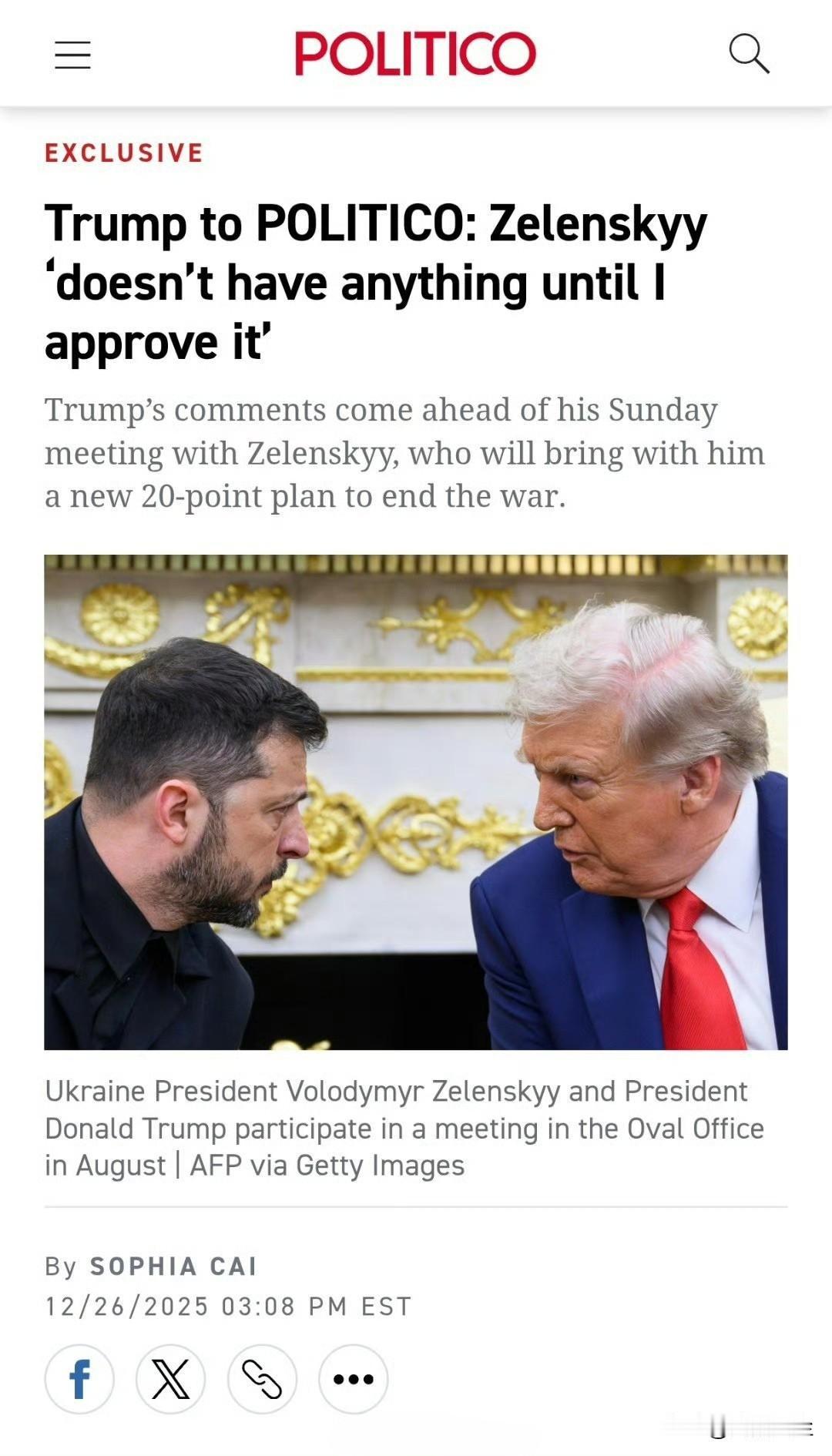 特朗普在接受POLITICO独家采访时，将自己塑造成乌克兰和俄罗斯之间任何和平协