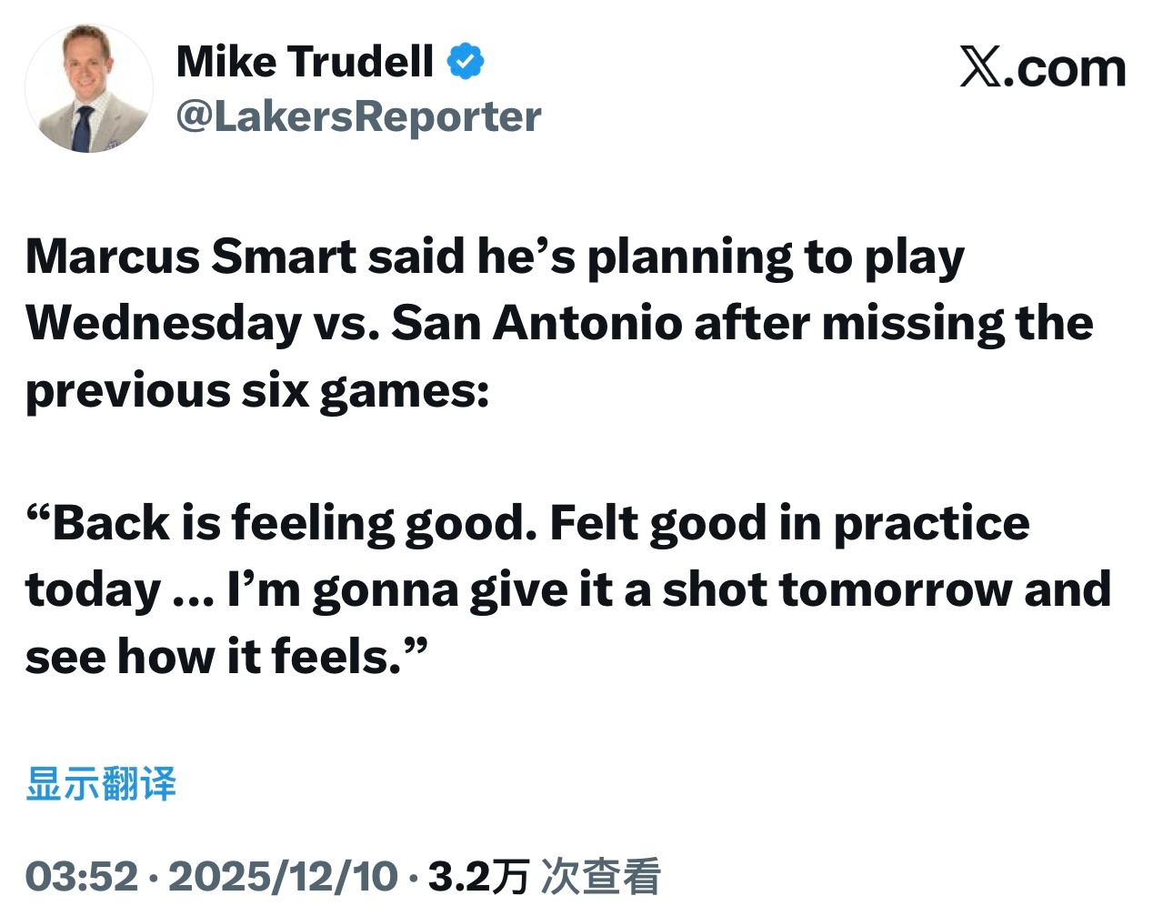 终于要回来了！因背伤缺席过去六场比赛的斯玛特计划出战明天的比赛，并表示自己的背部