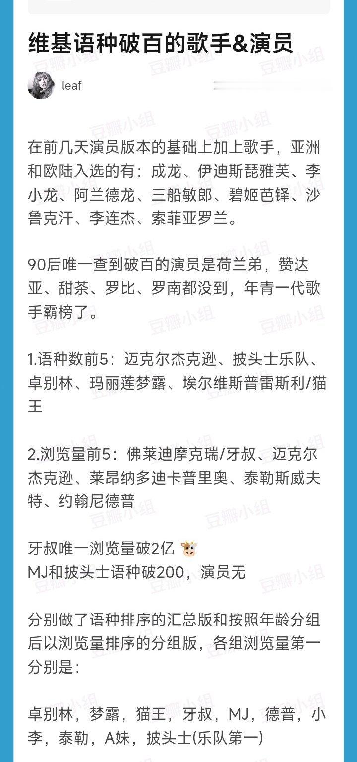 维基语种破百的艺人榜单，中国唯三巨星成龙李小龙李连杰，日本唯一巨星三船敏郎，印度