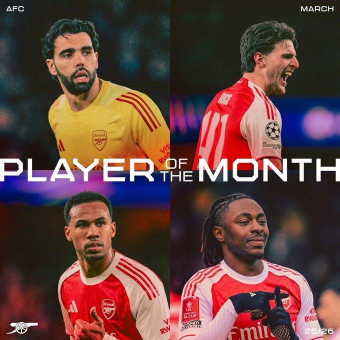阿森纳3月最佳球员评选：拉亚、赖斯、加布里埃尔和埃泽枪手动态 英超联赛 阿森纳