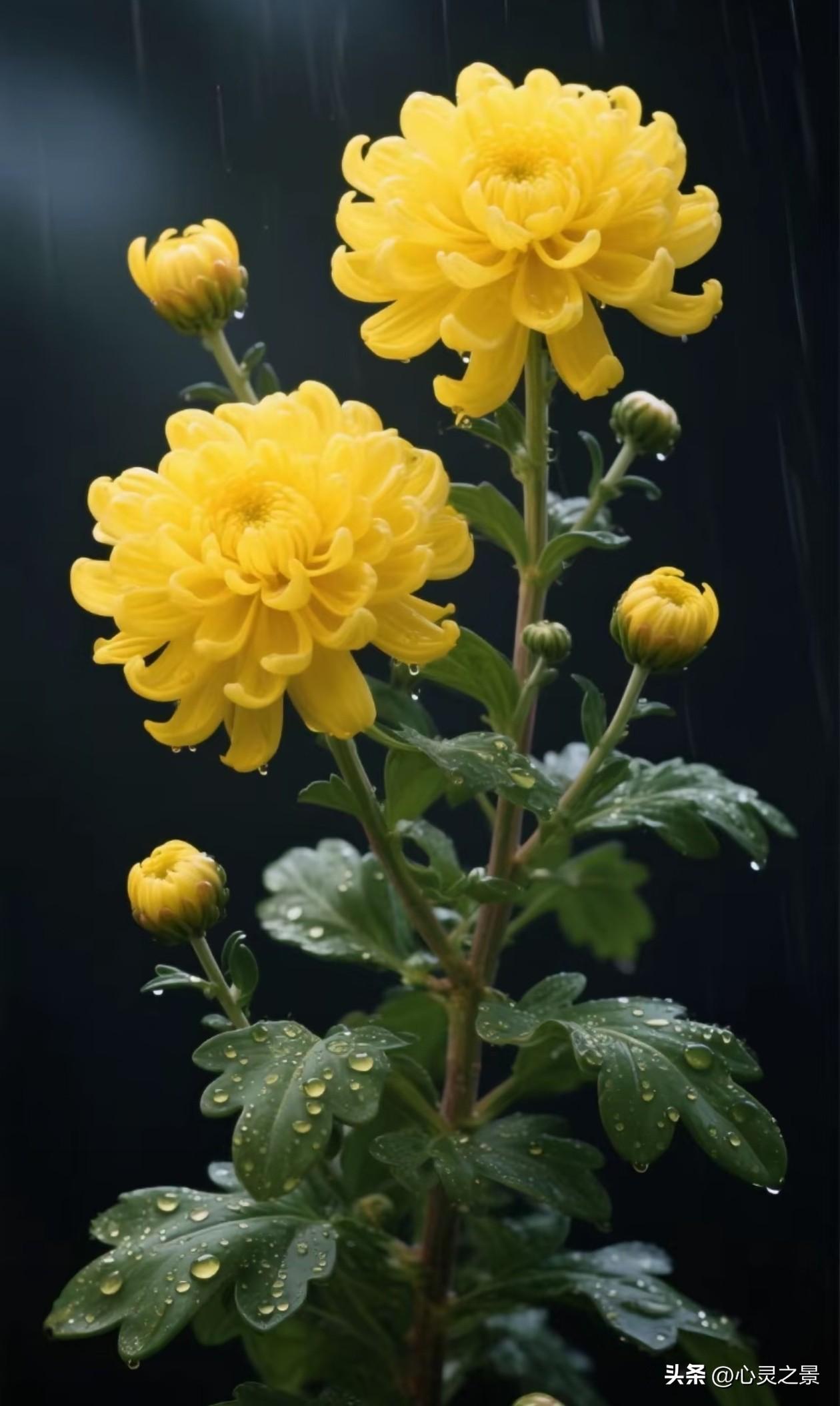 雨后明黄秋菊缀满剔透水珠，盛放的花朵与青涩花苞相依而立，在暗沉底色里漾开温暖治愈