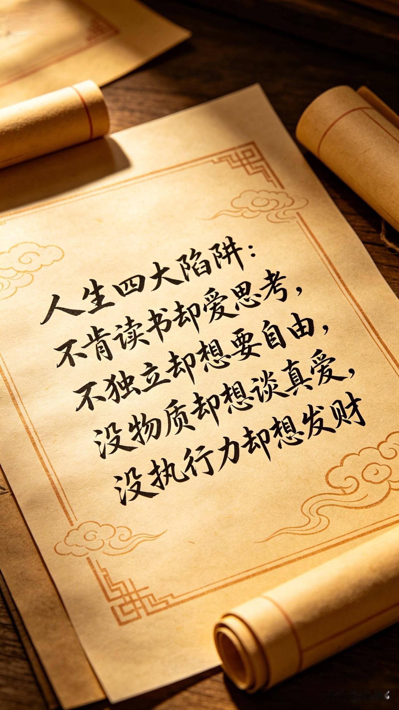 人生四大陷阱：不肯读书却爱思考，不独立却想要自由，没物质却想谈真爱，没执行力却想
