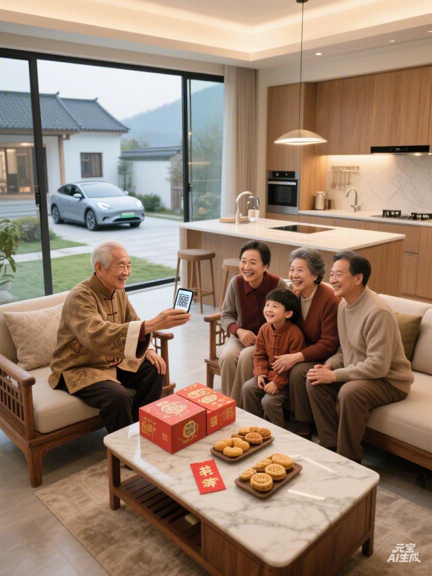 宽敞明亮的堂屋内亲友围坐，木桌上堆满年货糕点，老人正递红包给孙辈，背景可见厨房蒸