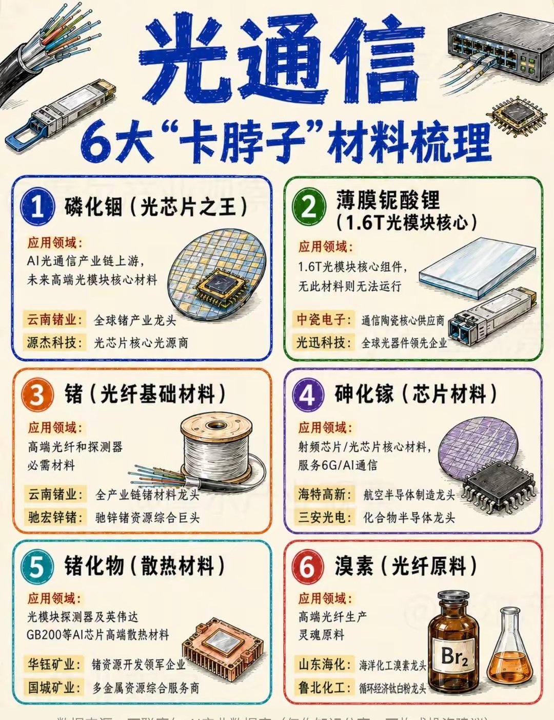 光通信，6大“卡脖子”材料🐉梳理以磷化铟为代表的6种“卡脖子”隐形材料，才是决