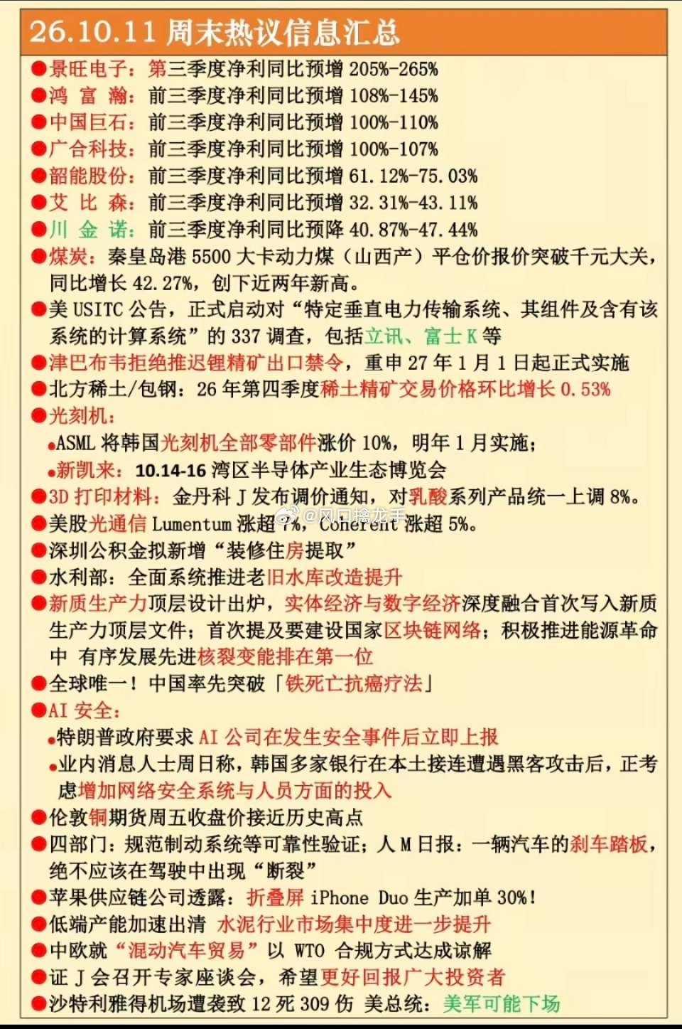 🔥10.12周一｜市场热议+财经热点！六大方向盘前梳理！周一盘前市场热议的六大
