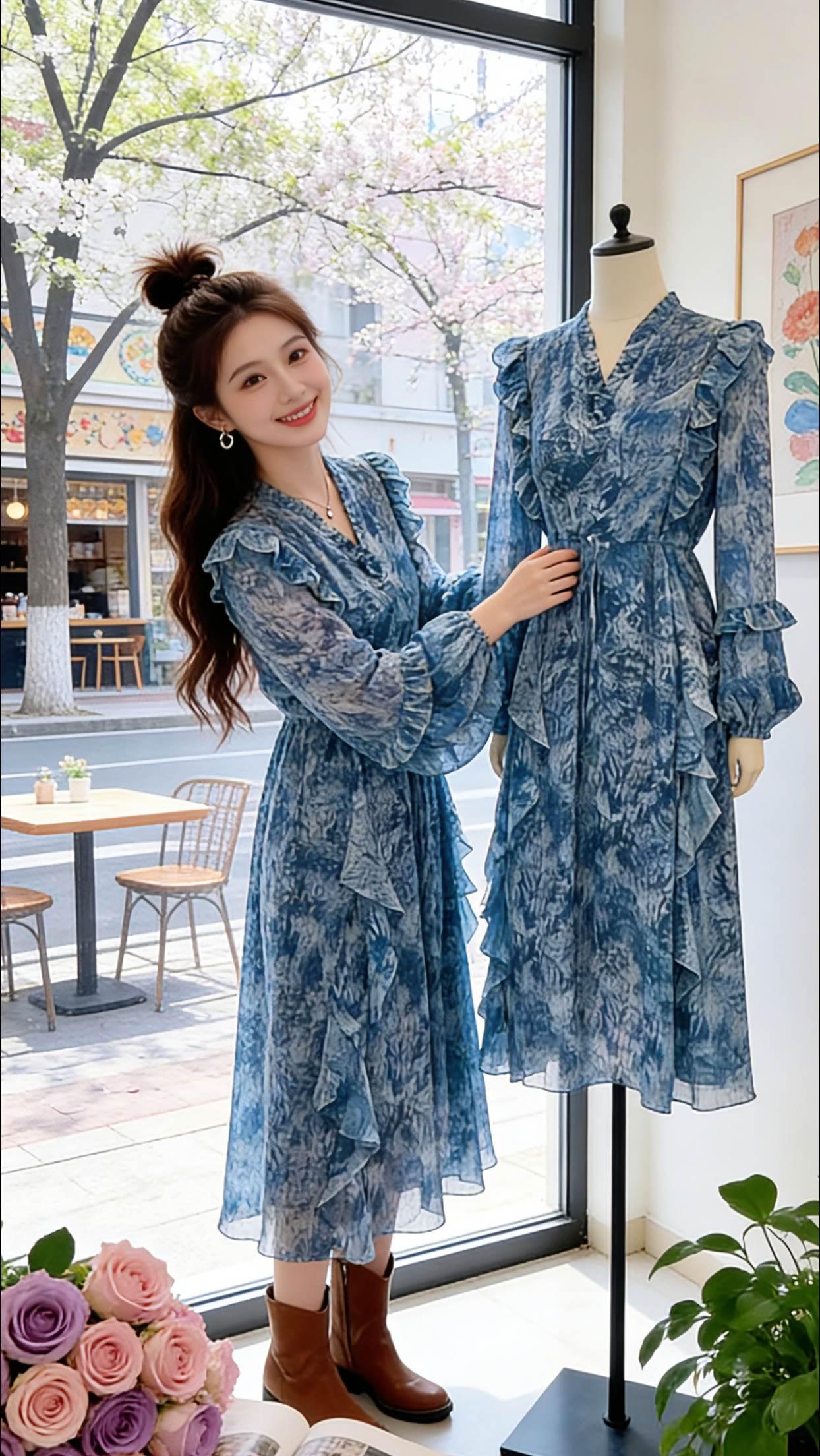 Danny的春日OOTD，这件蓝调碎花裙真的美到心巴上！V领+荷叶边设计，温柔又