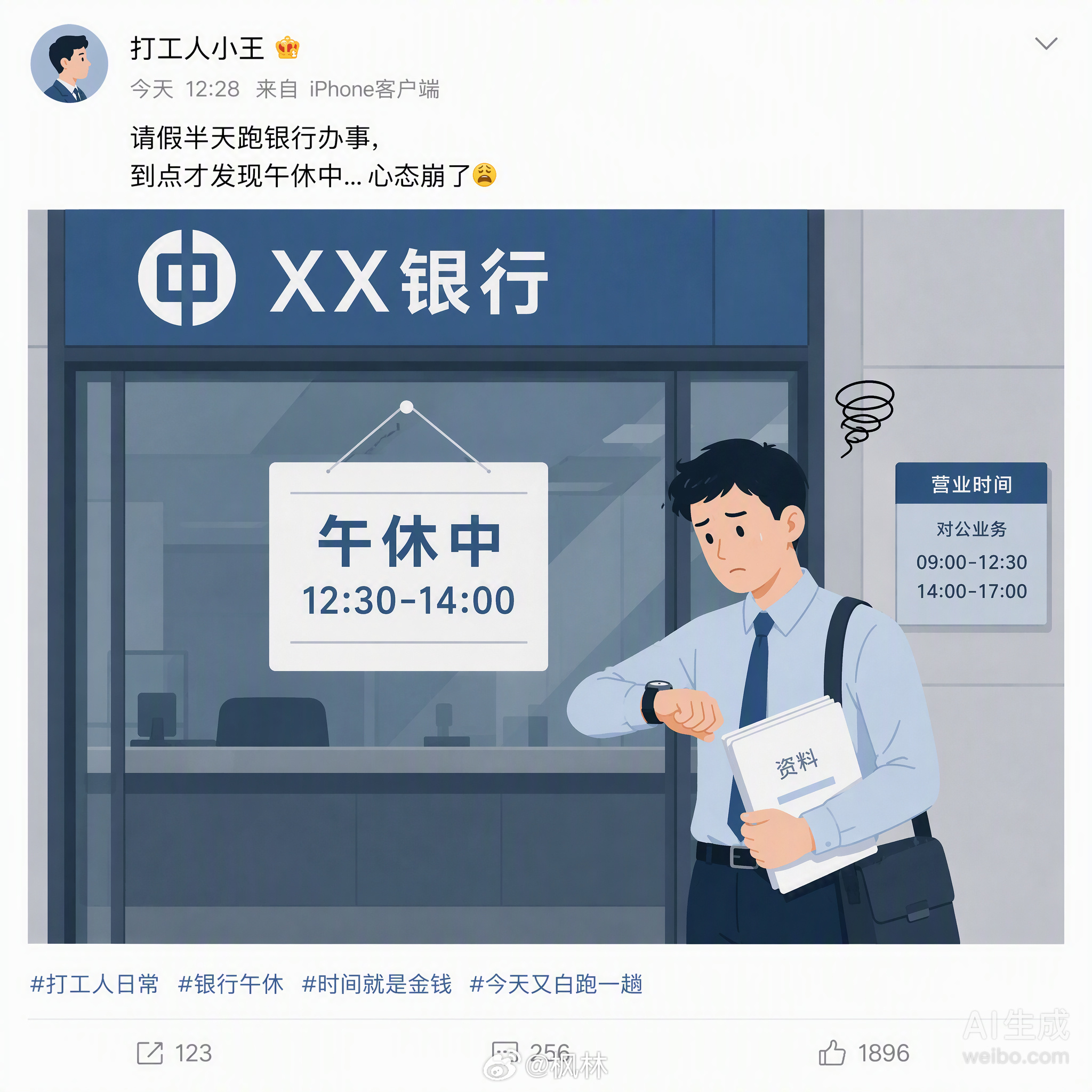 建行部分网点试行午休，12:30到14:00关人工窗口。说实话，看到热搜第一反应