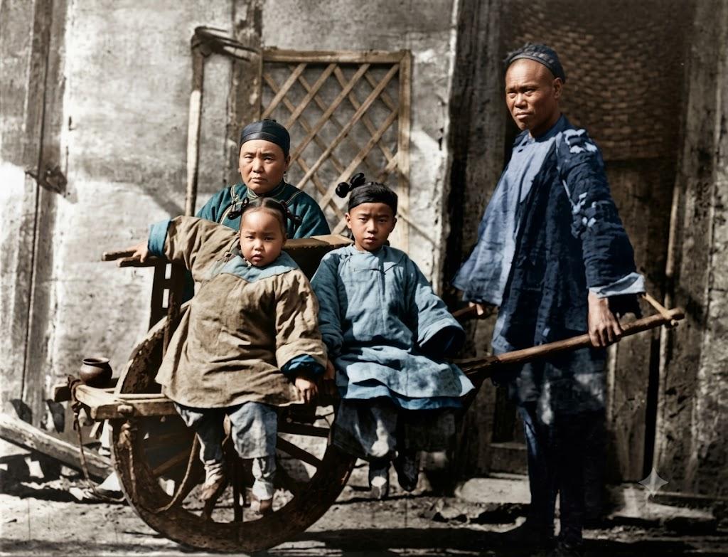 1876年，一辆独轮车停在墙根下。推车的是一位瘦削的老者，车上坐着两个少年和一个