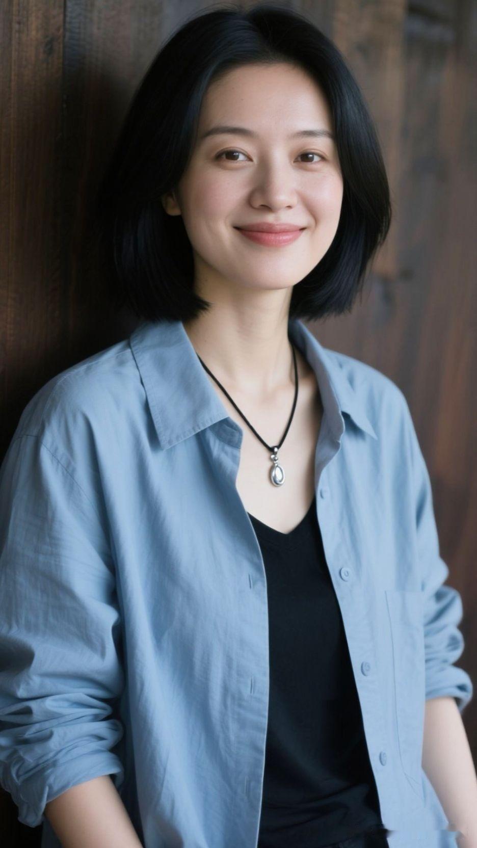 看到这位穿着休闲还微笑面对镜头的女士，就想起张婧仪浅黄户外套装登山那组照片。她穿