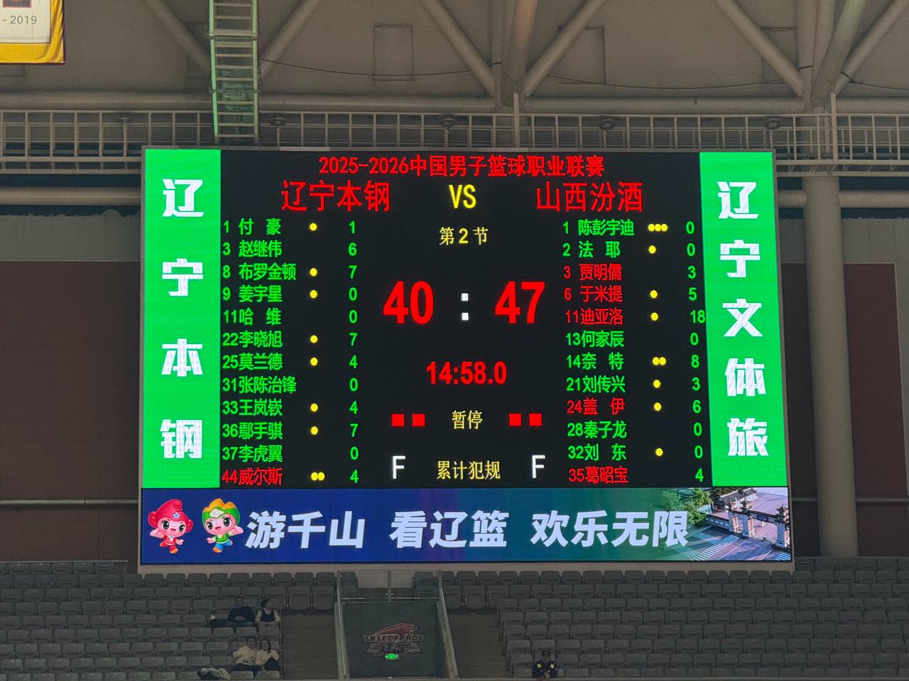 辽宁队半场比赛40：47落后山西队7分，外援布罗金顿发挥不错，可惜上场时间太少，