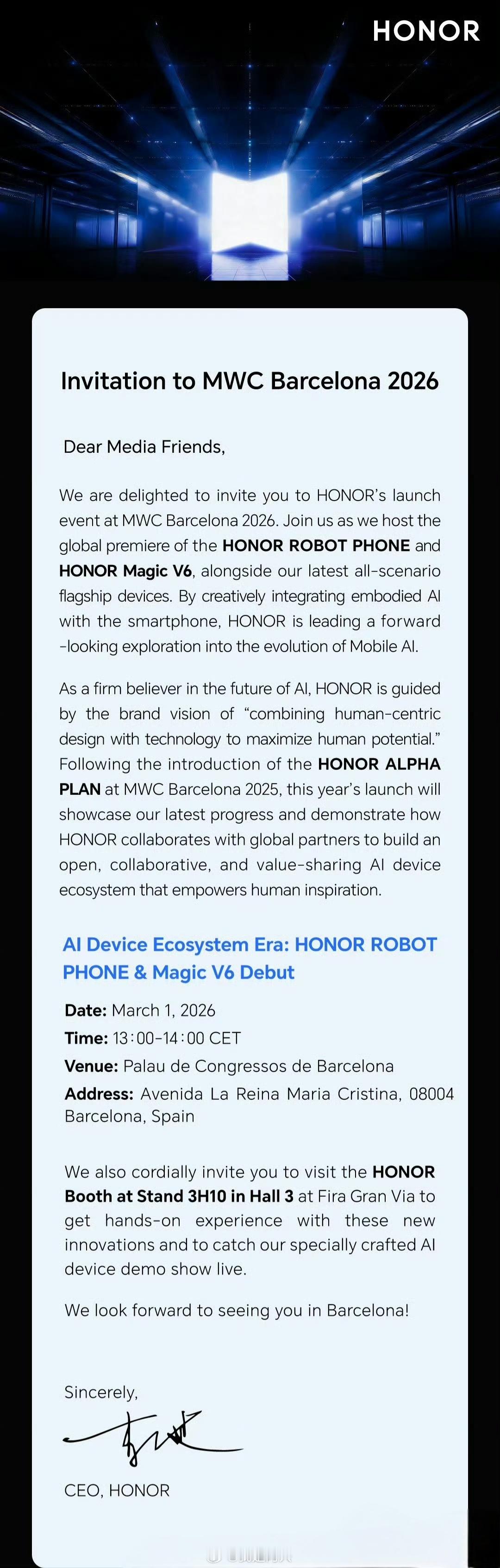 荣耀确实在3月1日，在巴塞罗那MWC上面发布荣耀Magic V6和荣耀Robot
