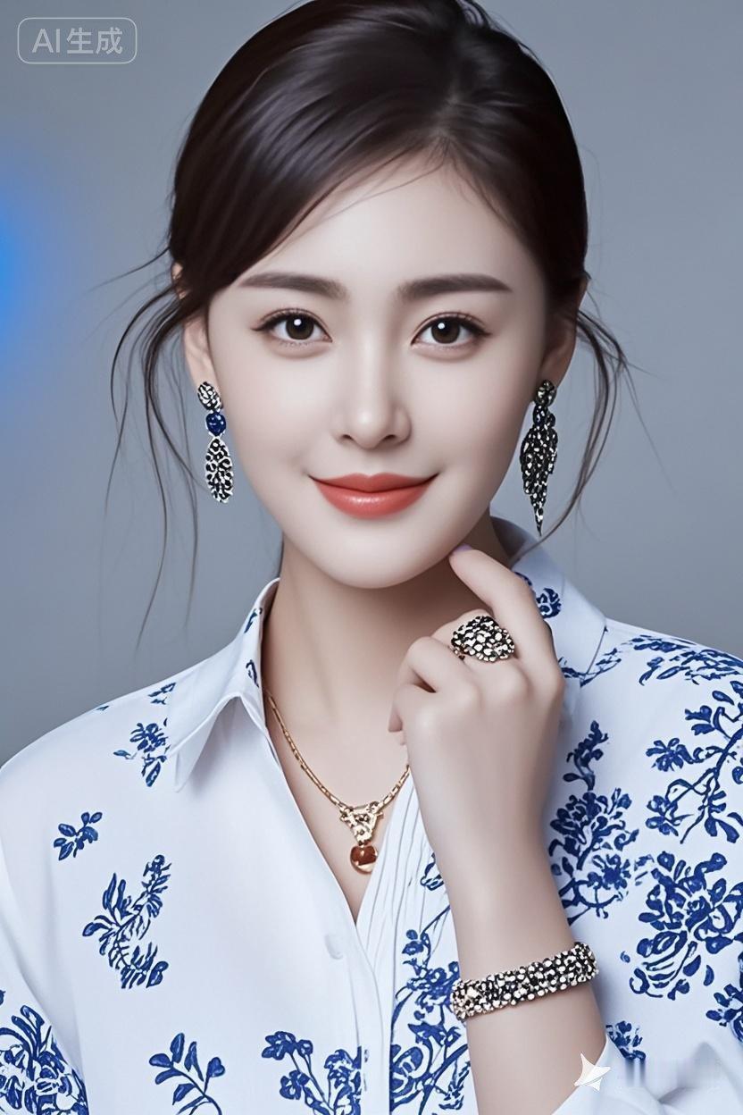 优雅蓝花衬衫，精致配饰点缀，尽显时尚魅力！