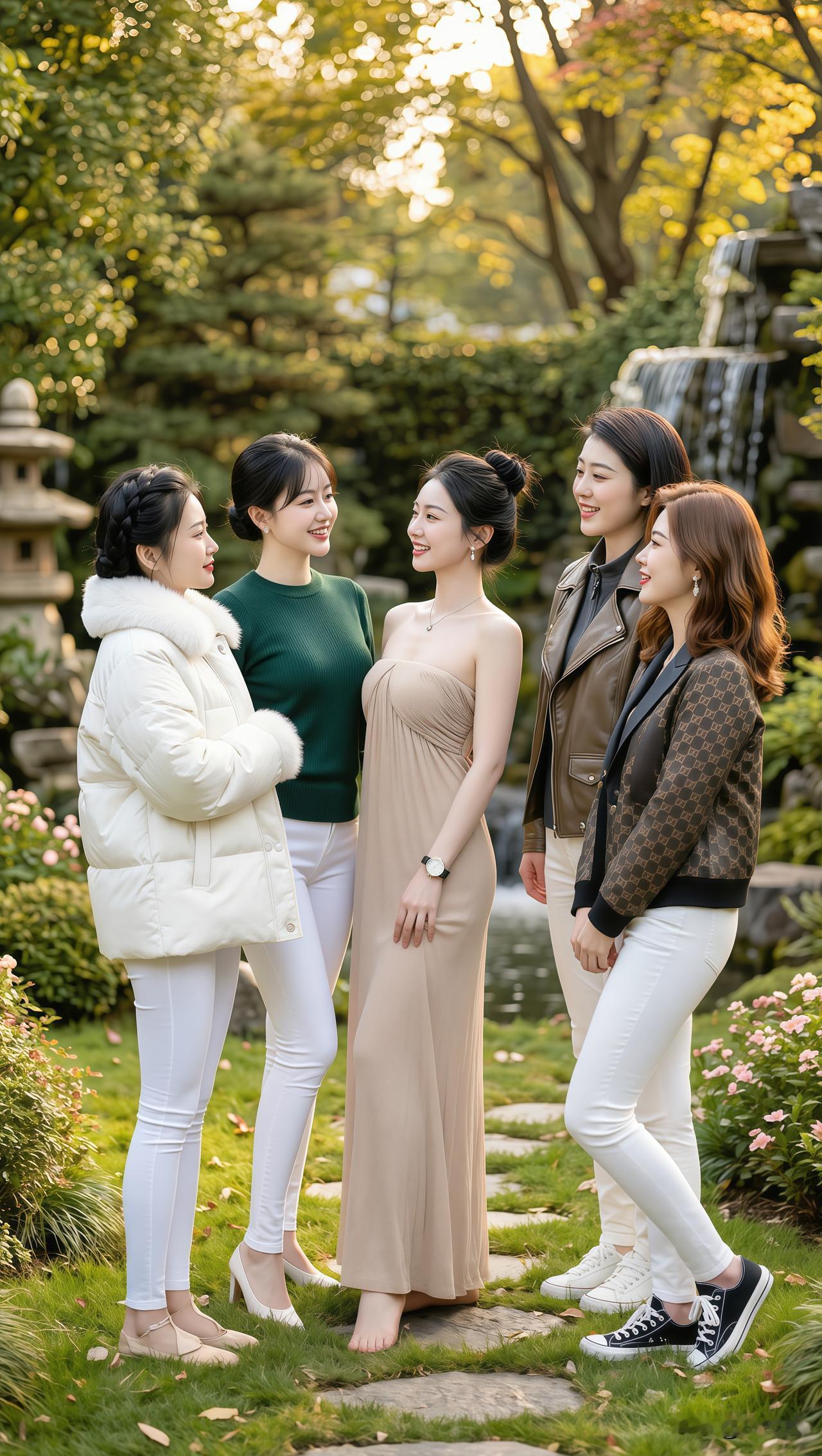 园亭五姝
 
五芳闲立石苔青，
笑语随泉落翠庭。
最是春风留客意，
林光花影共娉