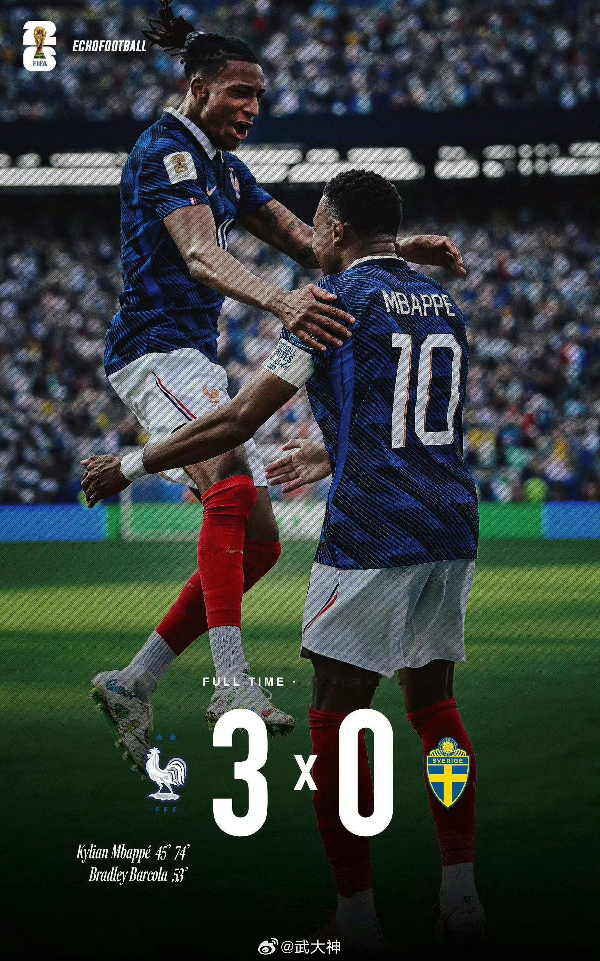 法国淘汰瑞典法国队在2026年美加墨世界杯1/16决赛中以 3-0 的比分战胜瑞