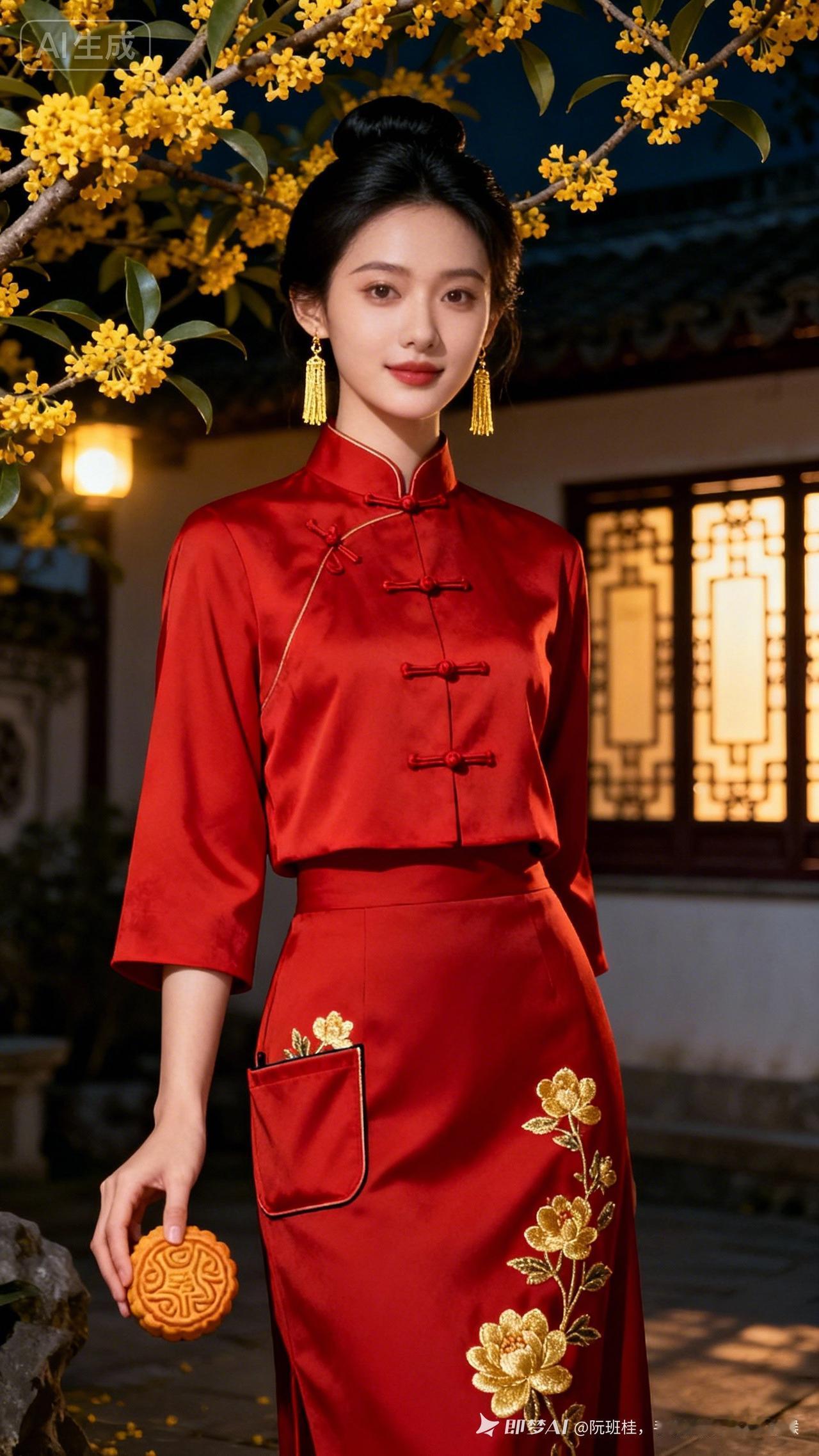 红衣佳人，花前月下，传统之美！
