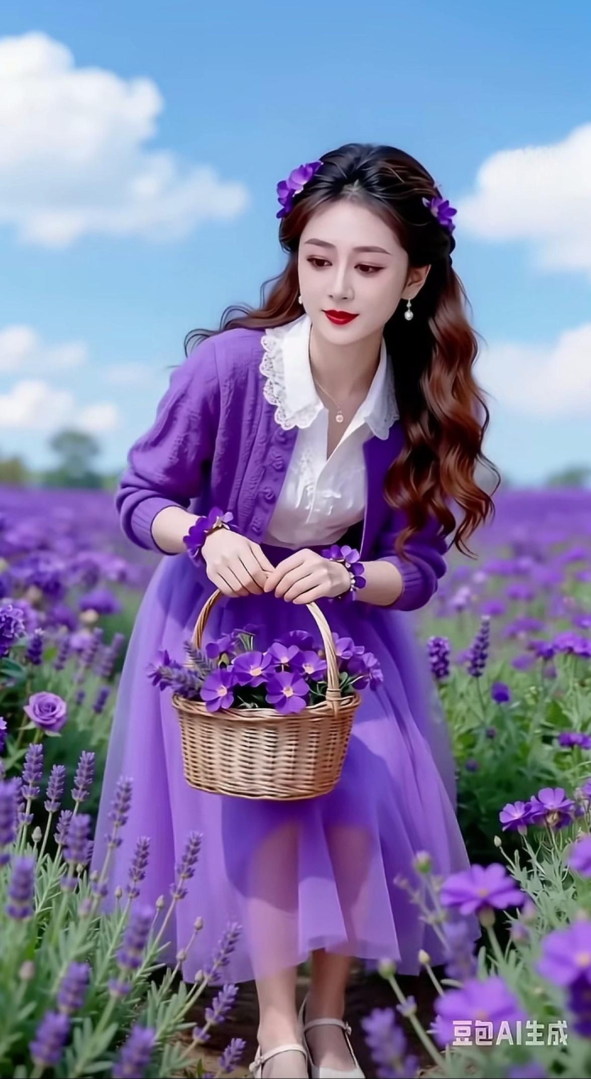 AI紫色花海中的梦幻少女，手捧花篮，唯美浪漫