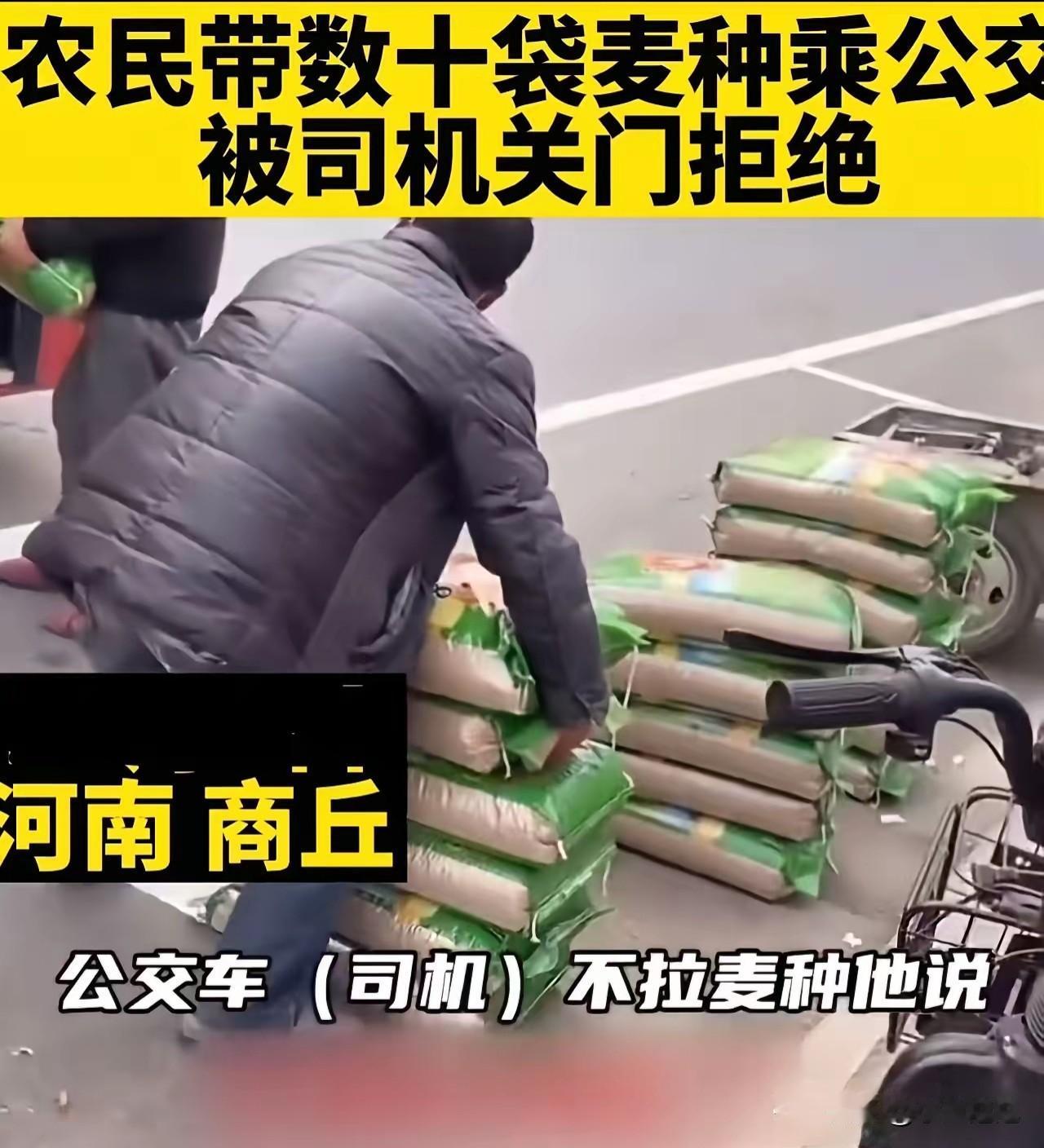 吵翻了！农民带18袋麦种坐公交车，被公交车司机关门拒绝。旁边一位路人看不下去，拍