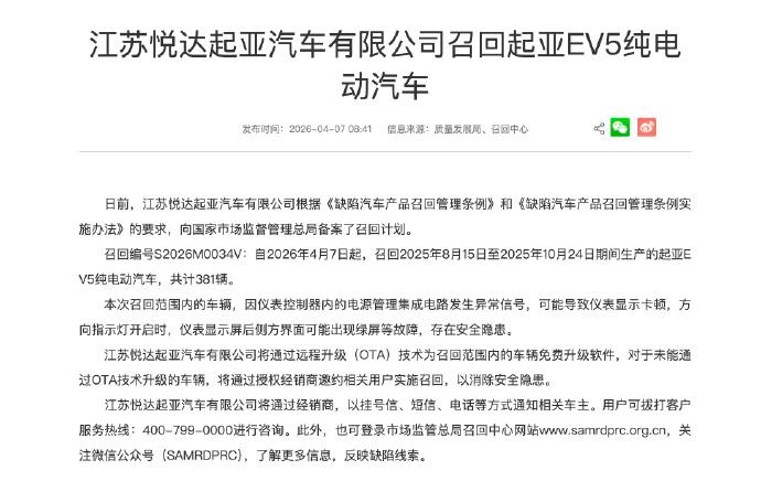 起亚EV5宣布召回，原因是仪表显示屏后侧方界面可能出现绿屏等故障