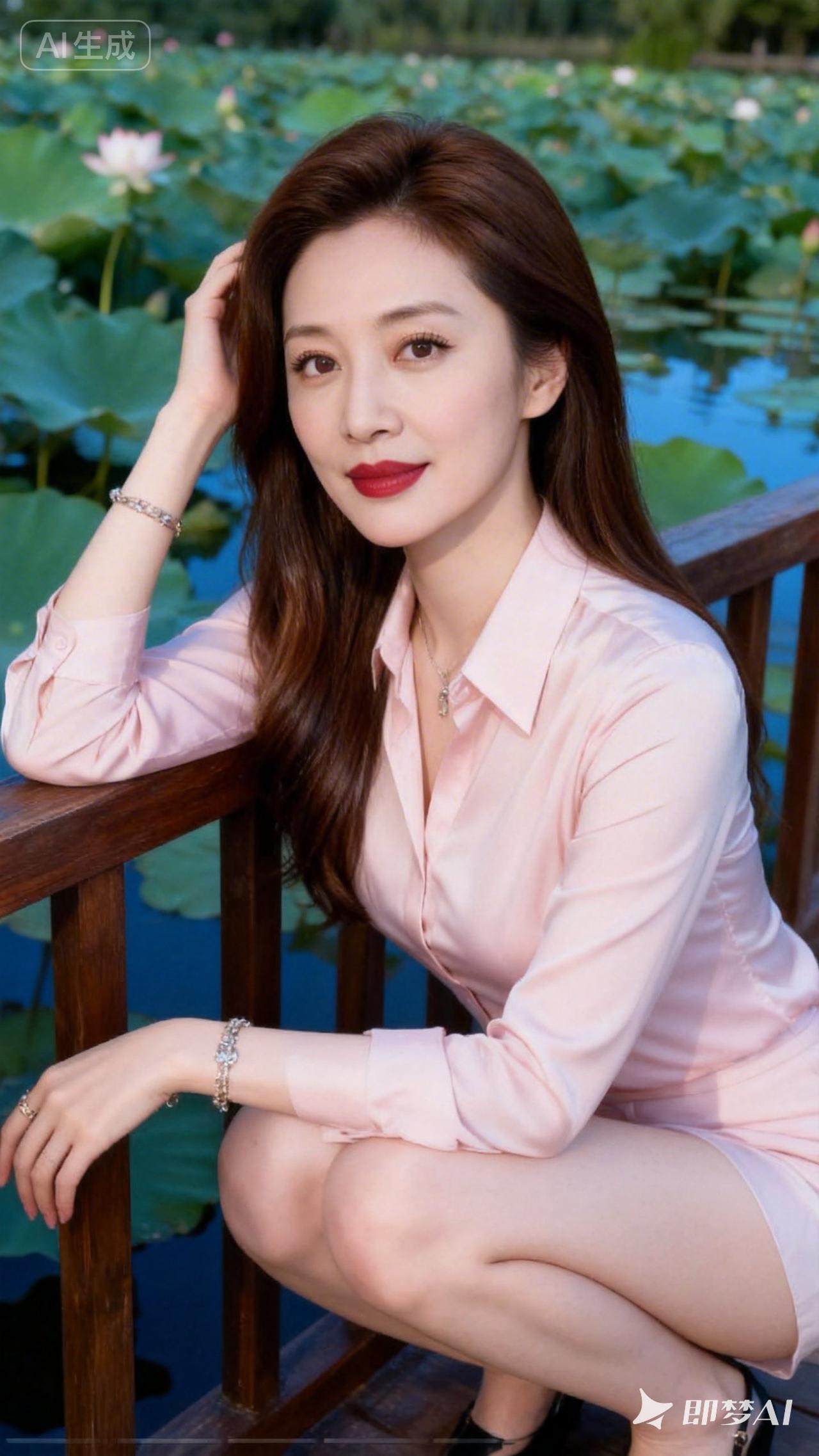 夏日荷塘边，粉裙少女倚栏杆，红唇微笑，静享美好时光。