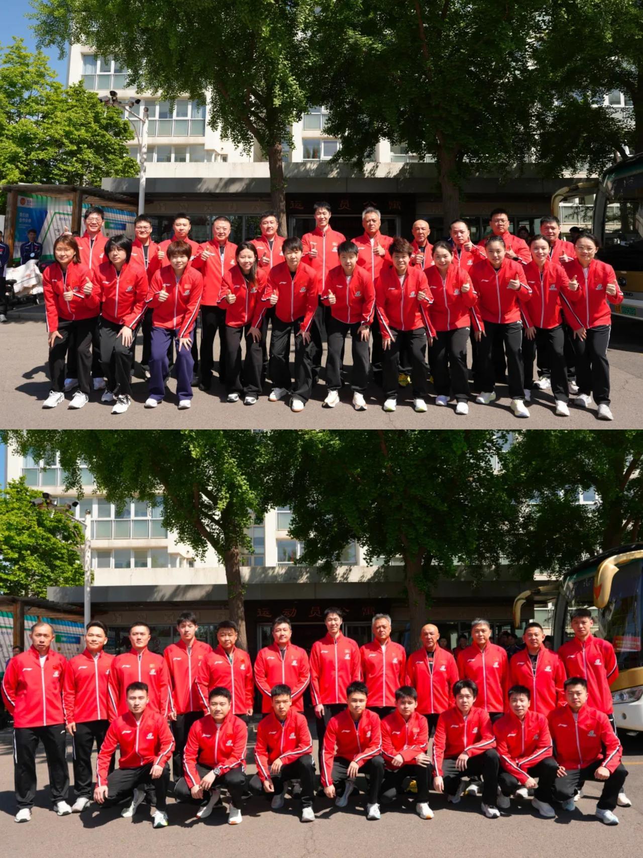 国乒奔赴伦敦世乒赛，出发前集体留影，主教练王皓和马琳各有话要说，一个豪情万丈，一