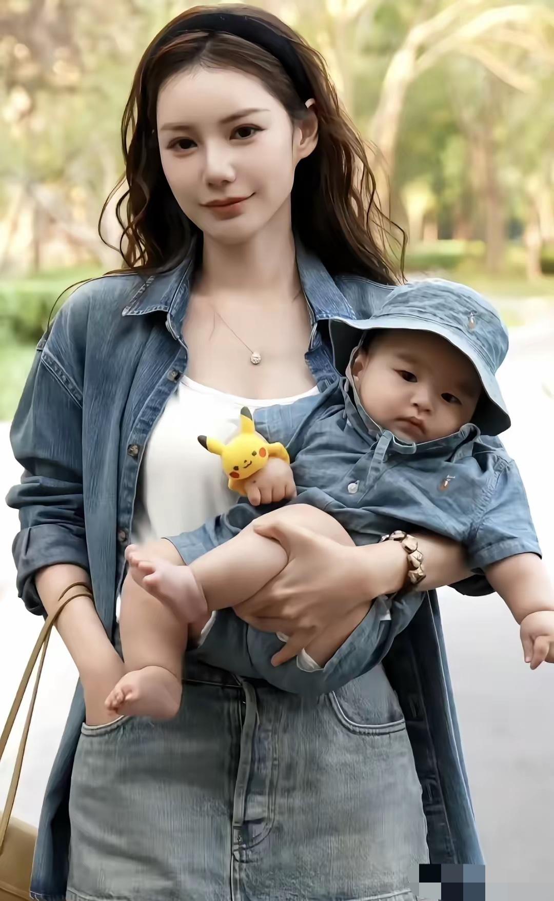 6个月的小汪宝跟着妈妈马筱梅逛公园看风景，母子俩穿同款牛仔套装格外亮眼。软乎乎的