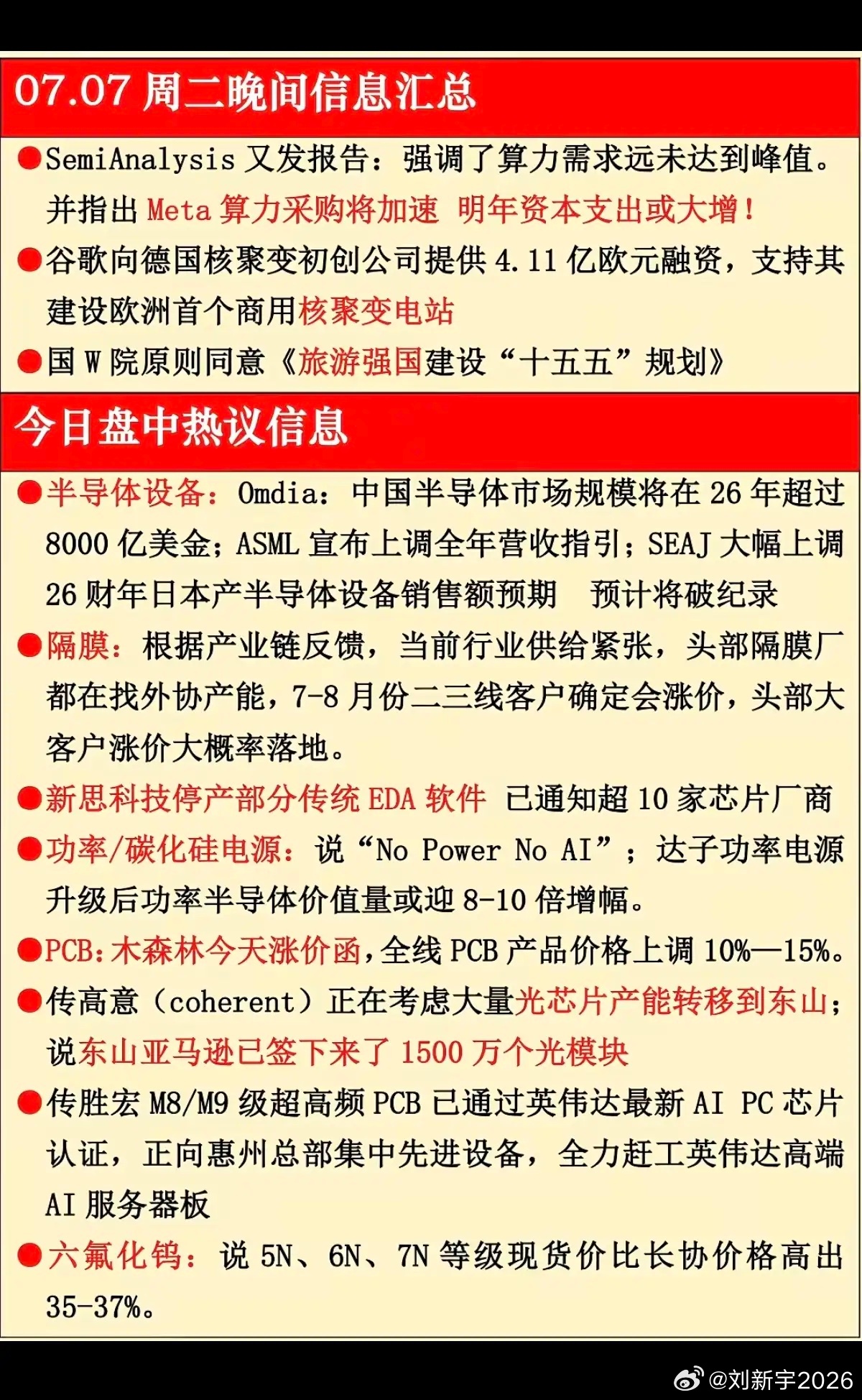 7.07周二  晚间信息汇总！1.算力2.可控核聚变3.半导体设备4.隔膜5.功