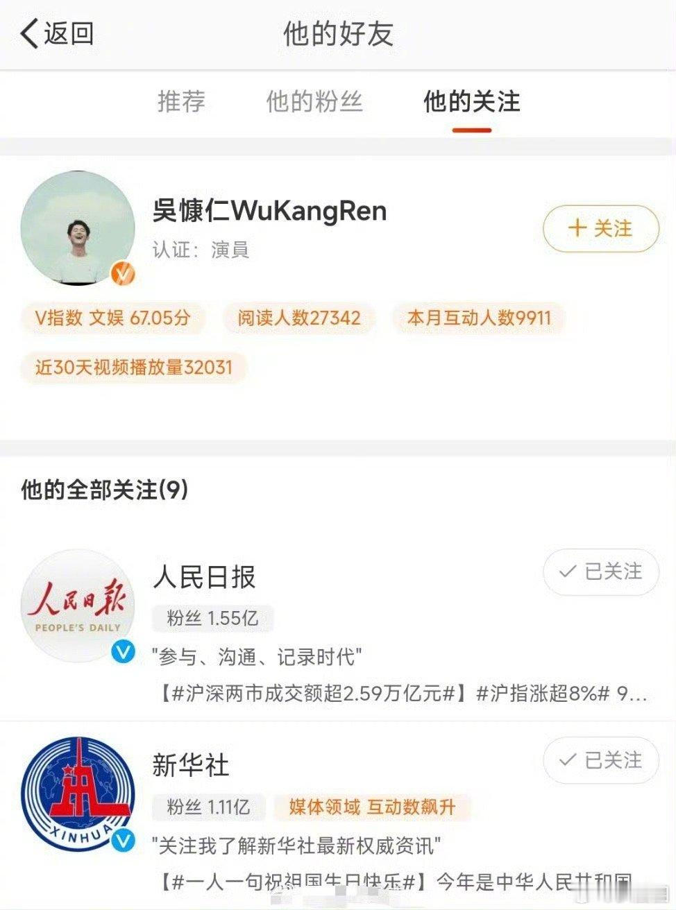 #吴慷仁签约壹心娱乐# ​​​ 现在关注了人民日报和新华社～ ​​​
