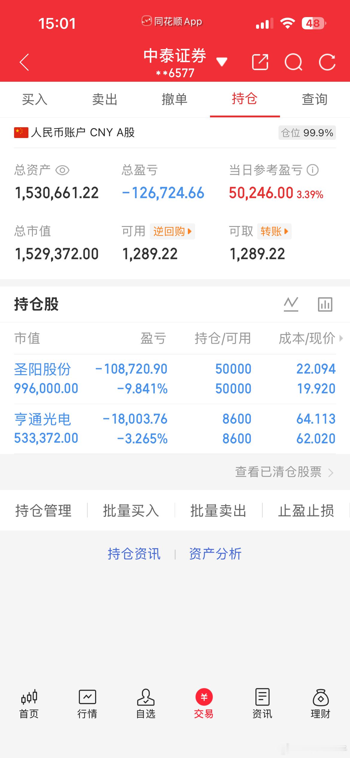 今日稳住持仓，圣阳、亨通全程不动，耐心守候不变。今日账户顺利回了一波血。不追涨、