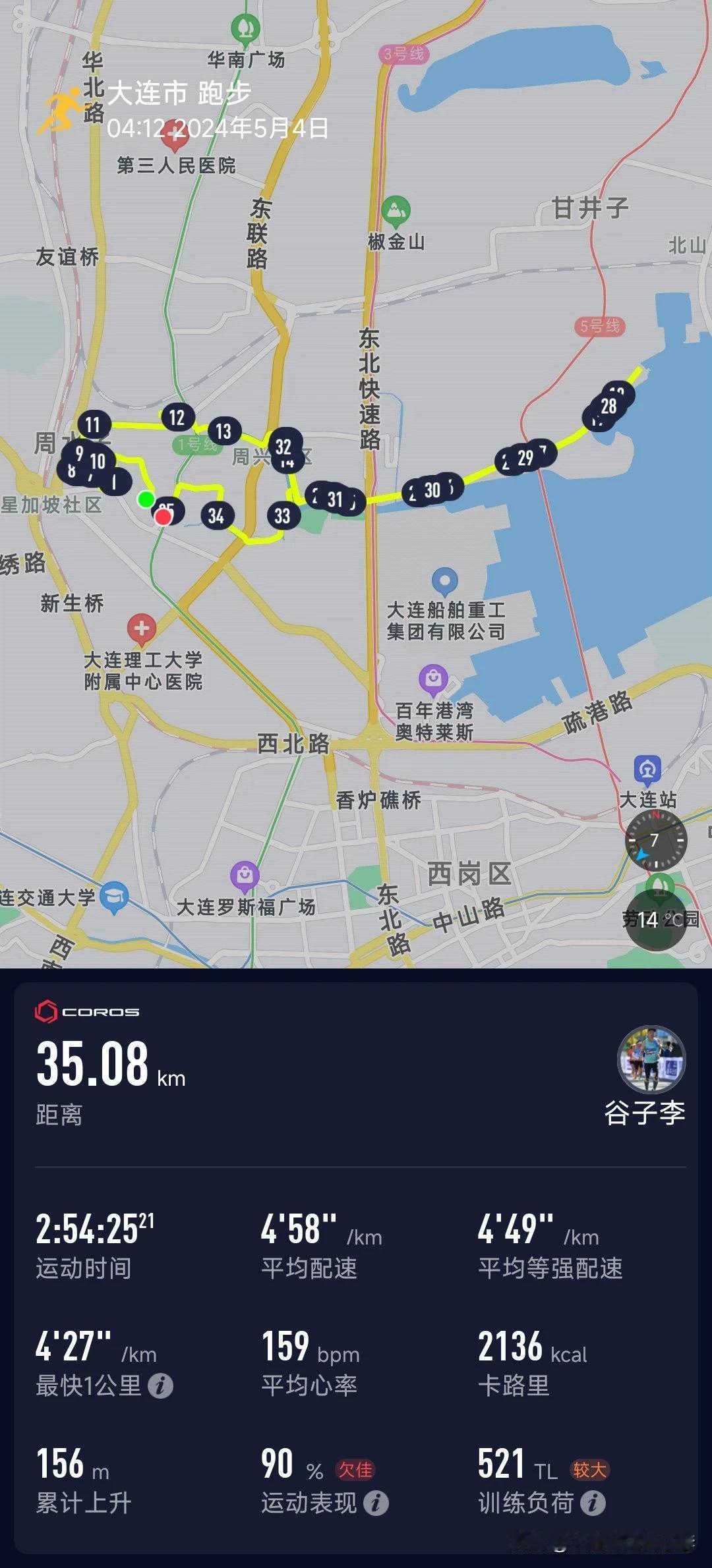 2024.5.4 14℃，鲅鱼圈马拉松赛前三周，赛前的最后一个30公里+，458