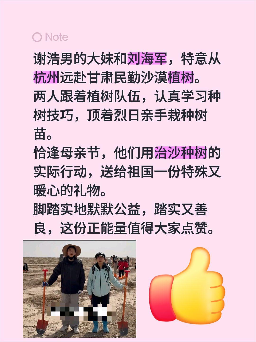 谢浩男大妹和刘海军远赴甘肃植树……谢浩男的大妹和刘海军，特意从杭州远赴甘肃民勤沙