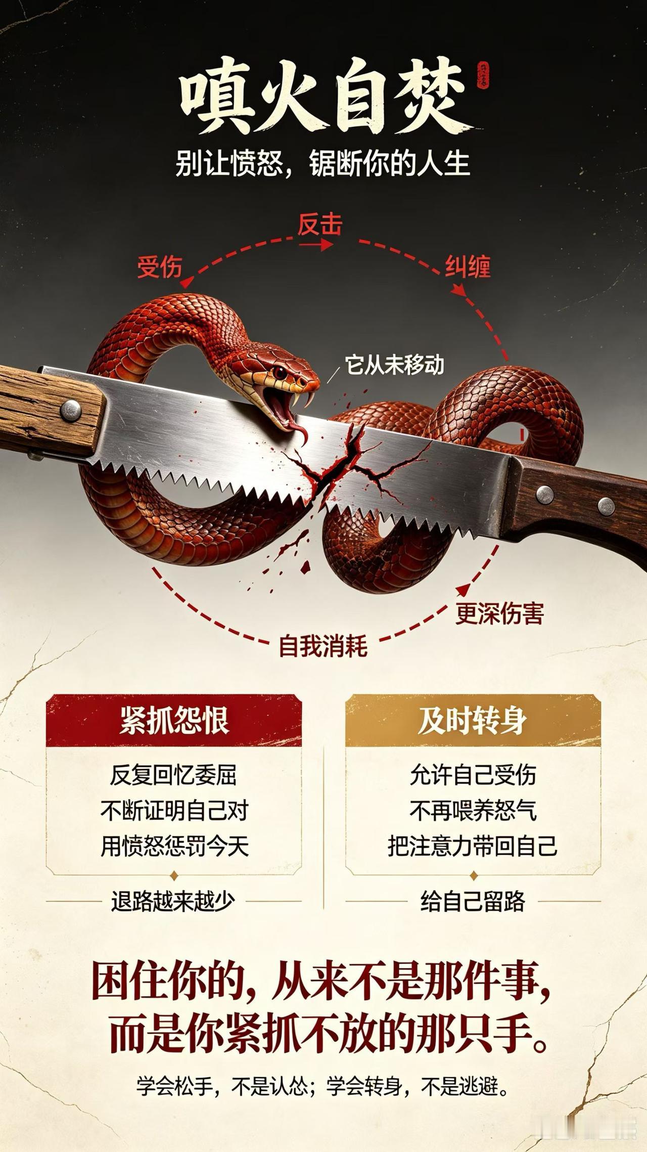 “嗔火自焚”，别让愤怒毁了你。———乔一法师。
一条蛇在爬行时不小心被地上的锯子